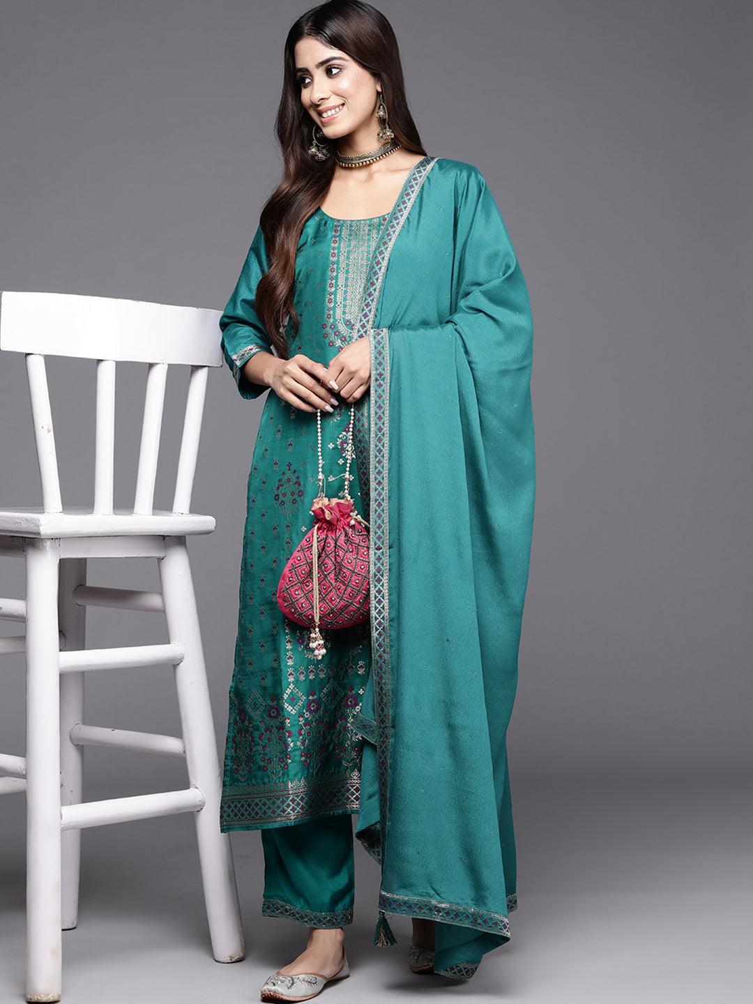 Turquoise Woven Design Silk Blend Straight Suit With Dupatta