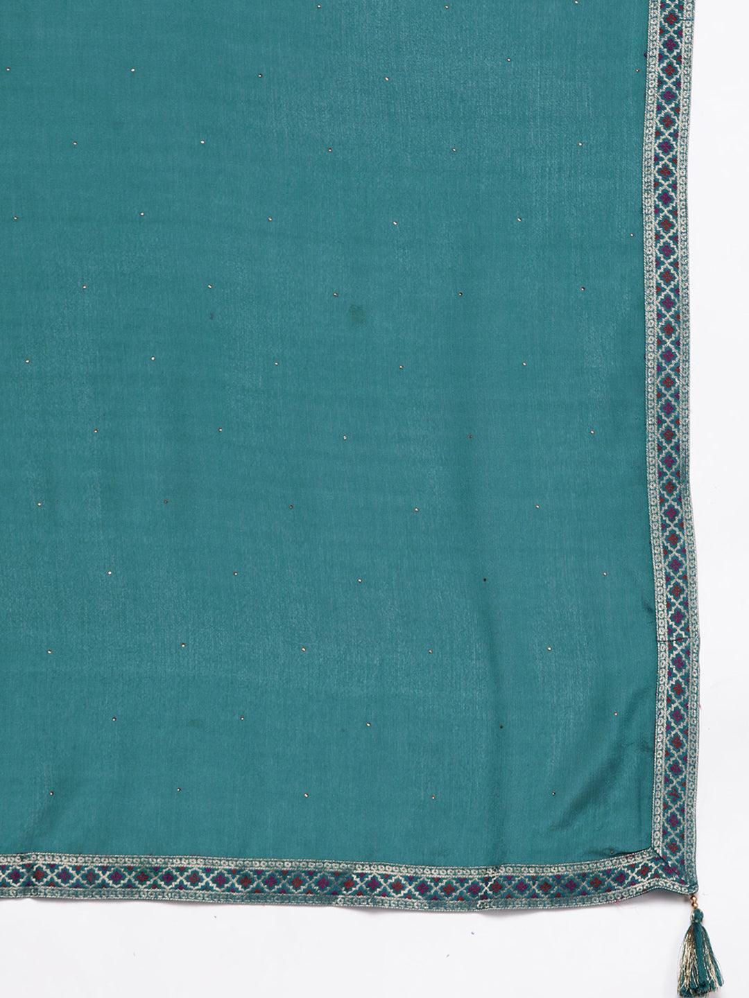 Turquoise Woven Design Silk Blend Straight Suit With Dupatta