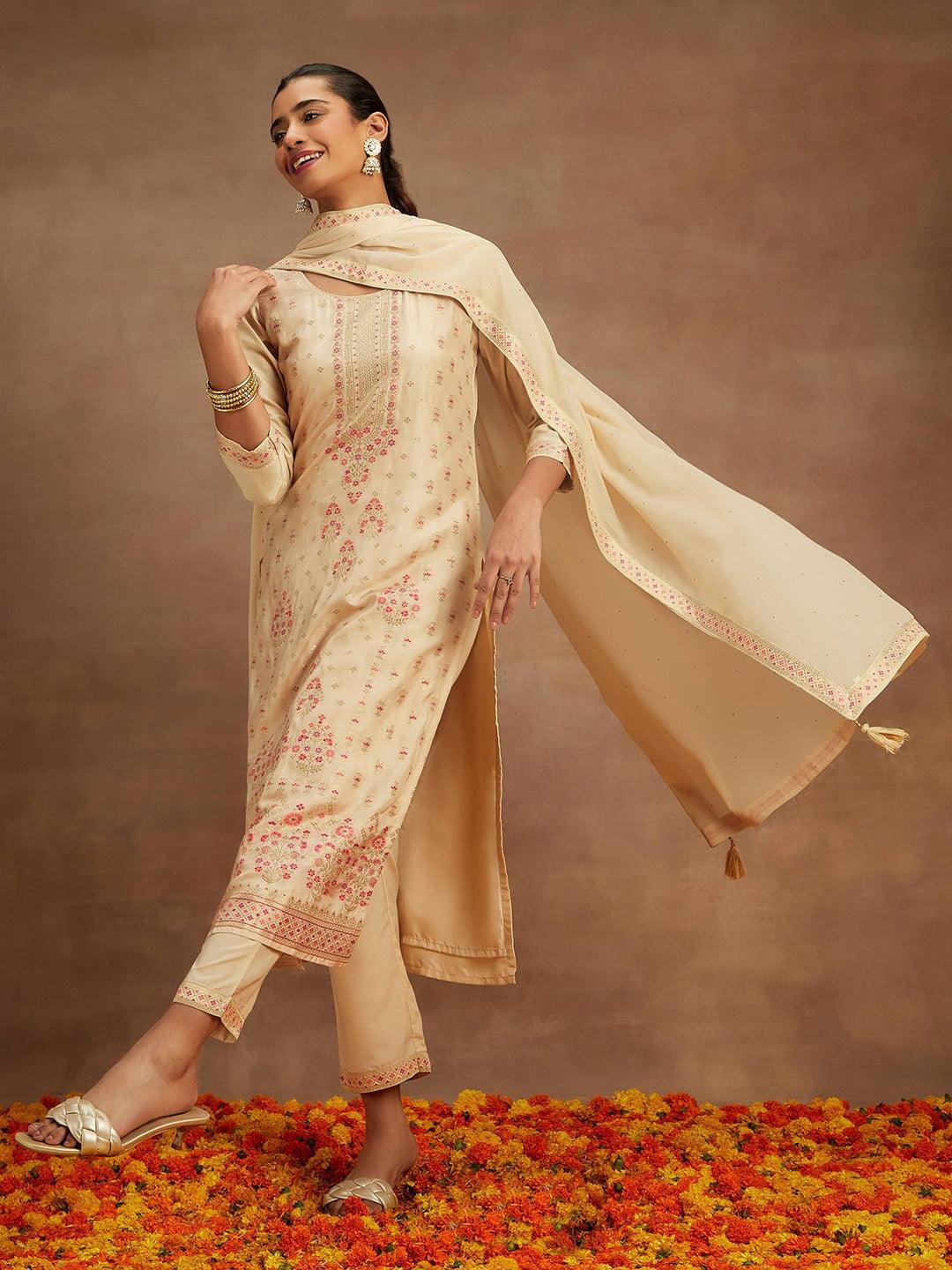 Ivory Woven Design Silk Blend Straight Kurta With Trousers & Dupatta - ShopLibas