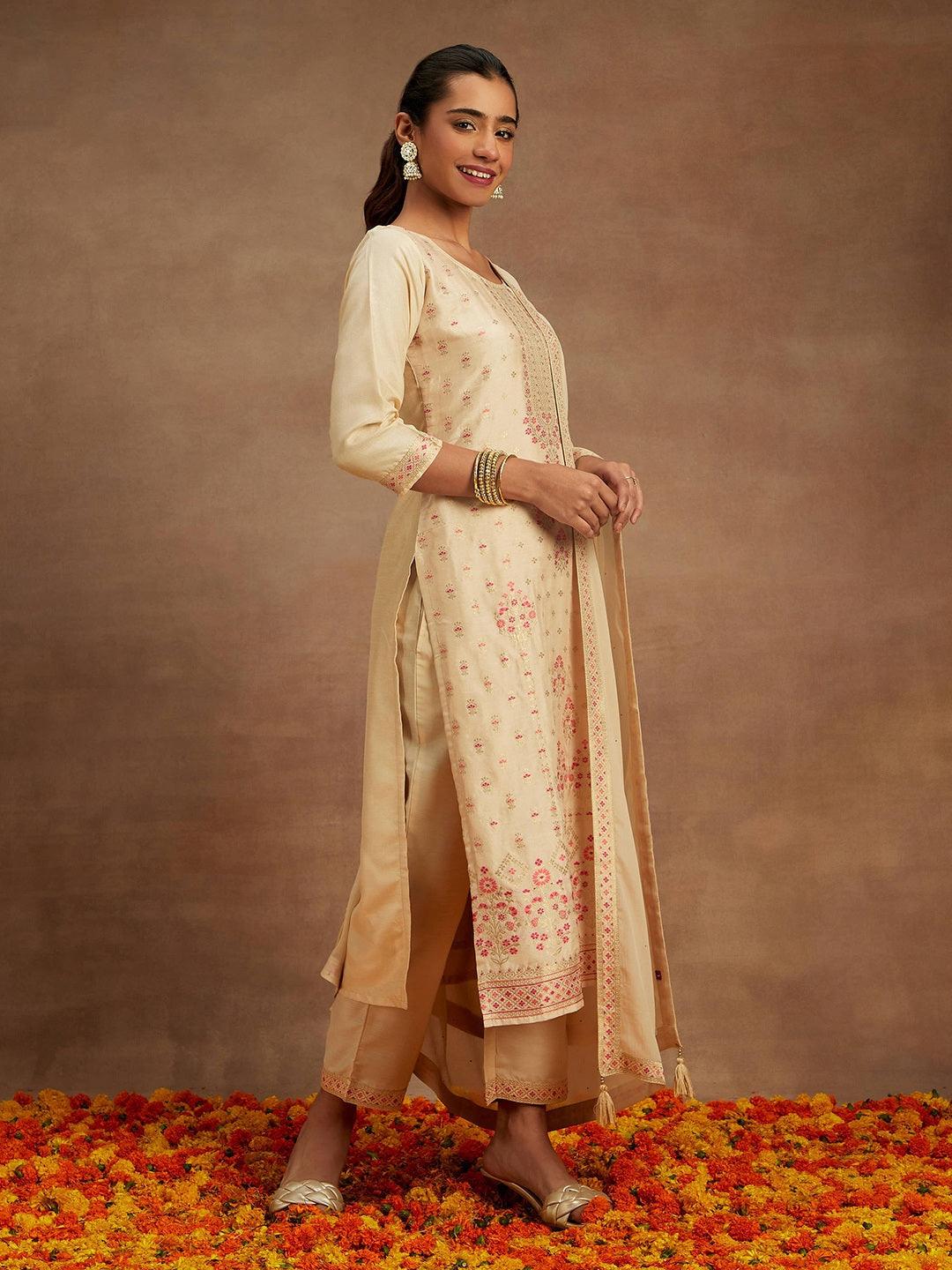 Ivory Woven Design Silk Blend Straight Kurta With Trousers & Dupatta - ShopLibas