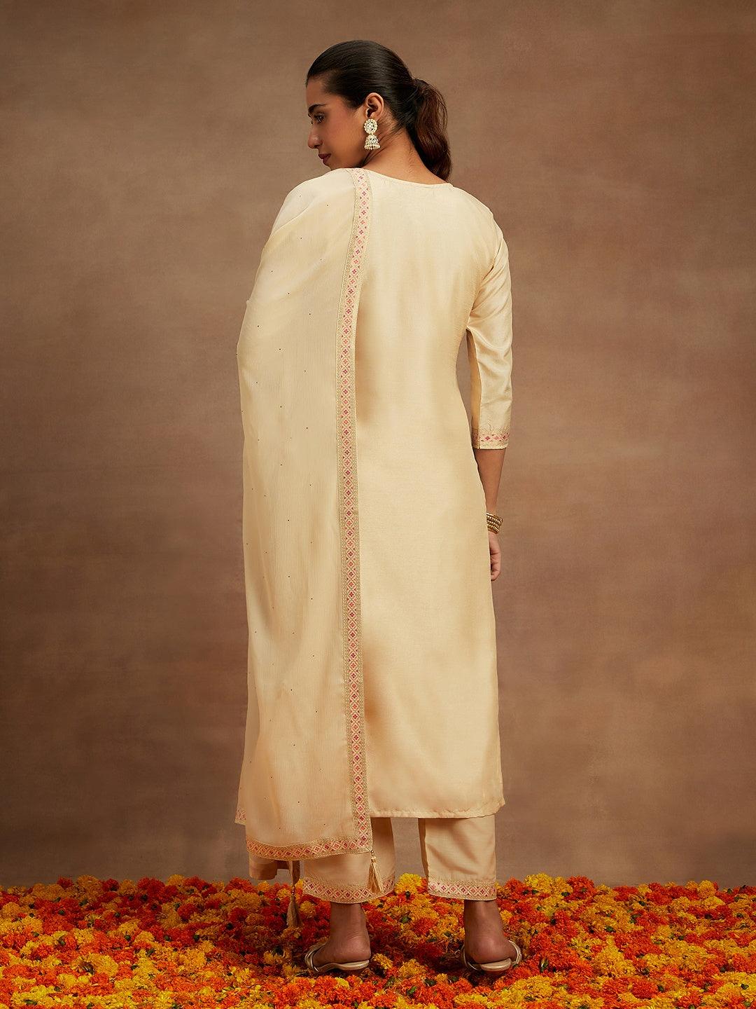 Ivory Woven Design Silk Blend Straight Kurta With Trousers & Dupatta - ShopLibas