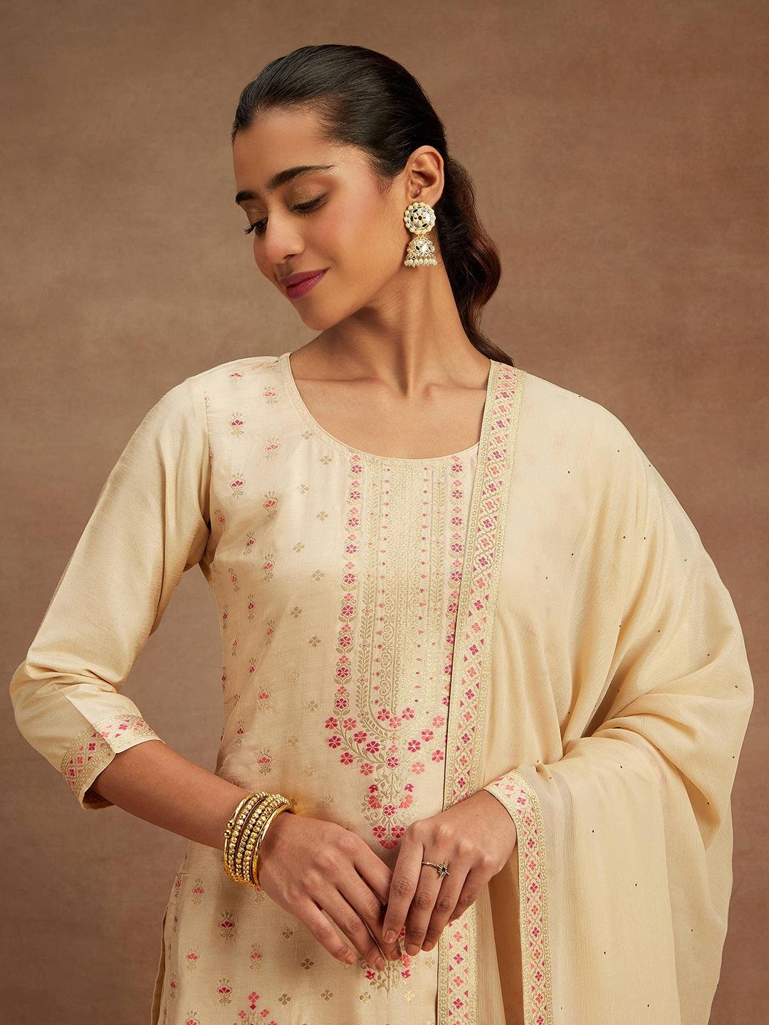 Ivory Woven Design Silk Blend Straight Kurta With Trousers & Dupatta - ShopLibas