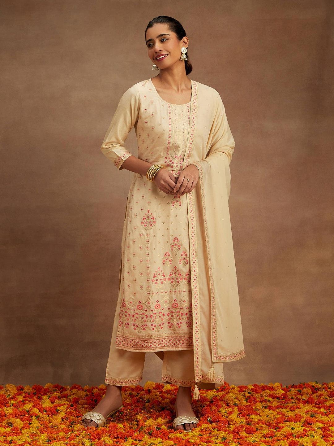 Ivory Woven Design Silk Blend Straight Suit With Dupatta