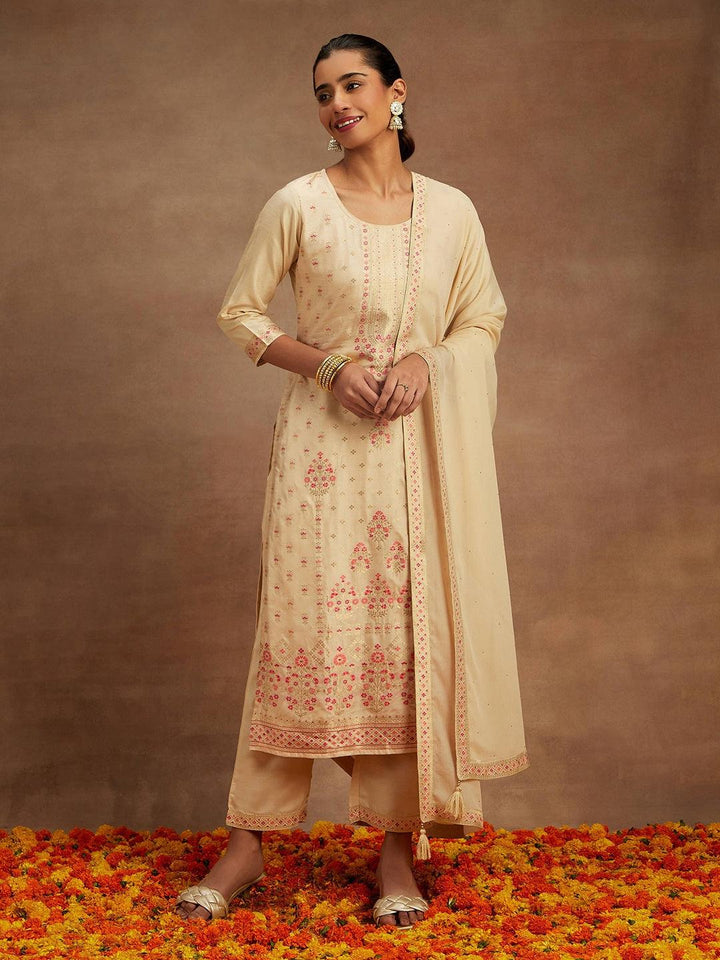 Ivory Woven Design Silk Blend Straight Kurta With Trousers & Dupatta - ShopLibas