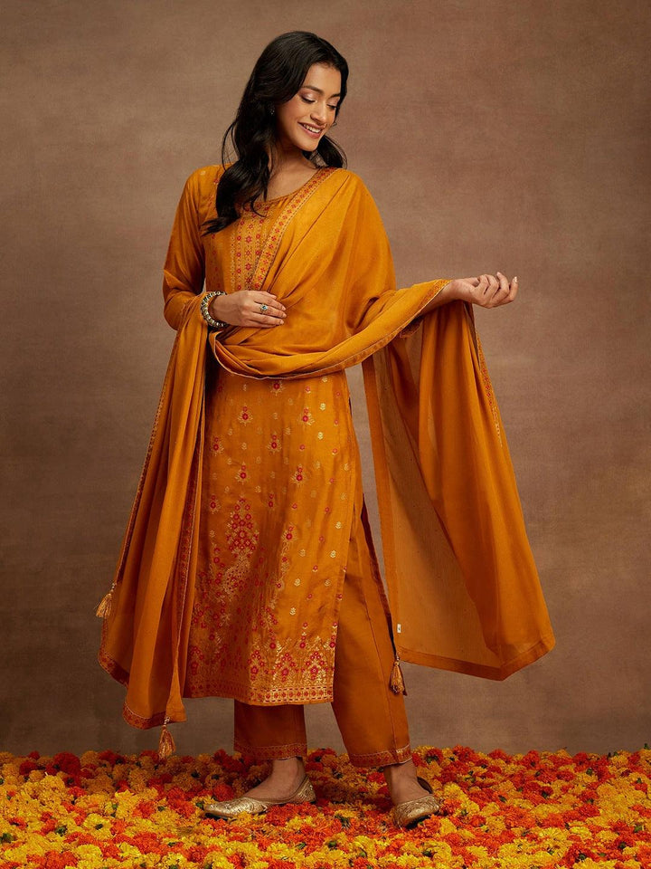 Mustard Woven Design Silk Blend Straight Kurta With Trousers & Dupatta - ShopLibas