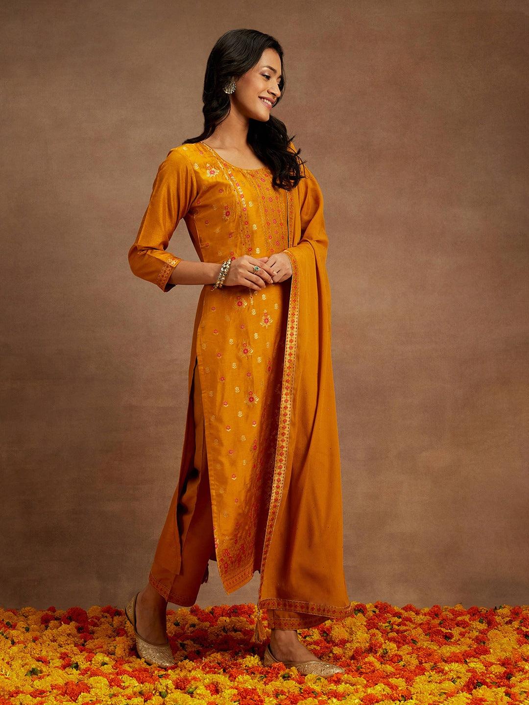 Mustard Woven Design Silk Blend Straight Kurta With Trousers & Dupatta - ShopLibas