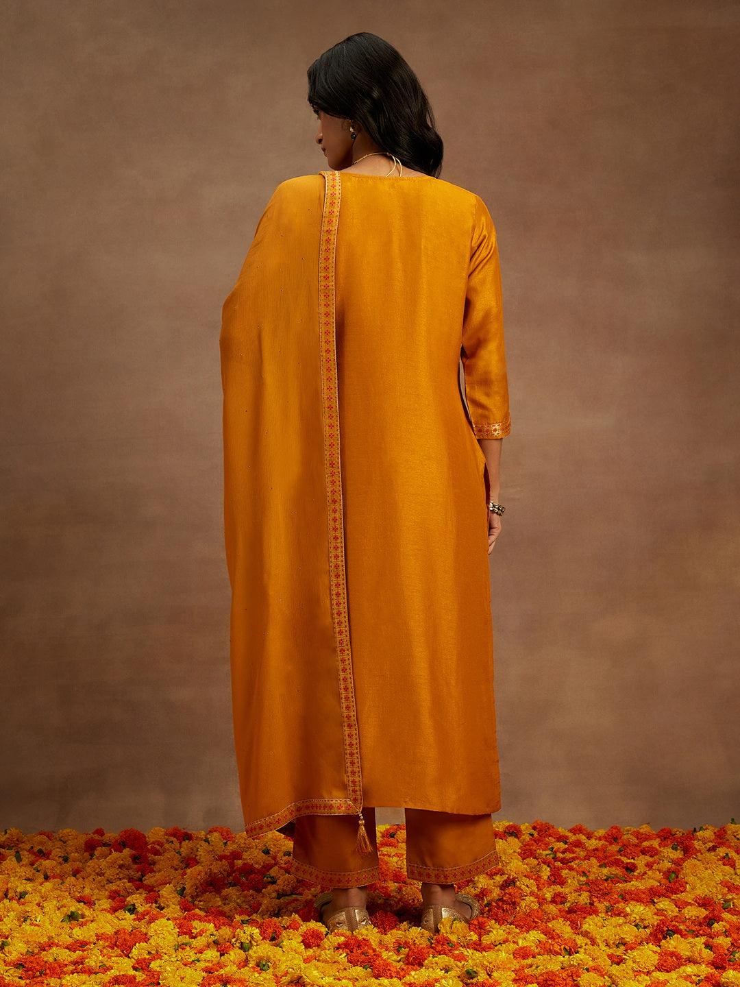 Mustard Woven Design Silk Blend Straight Kurta With Trousers & Dupatta - ShopLibas