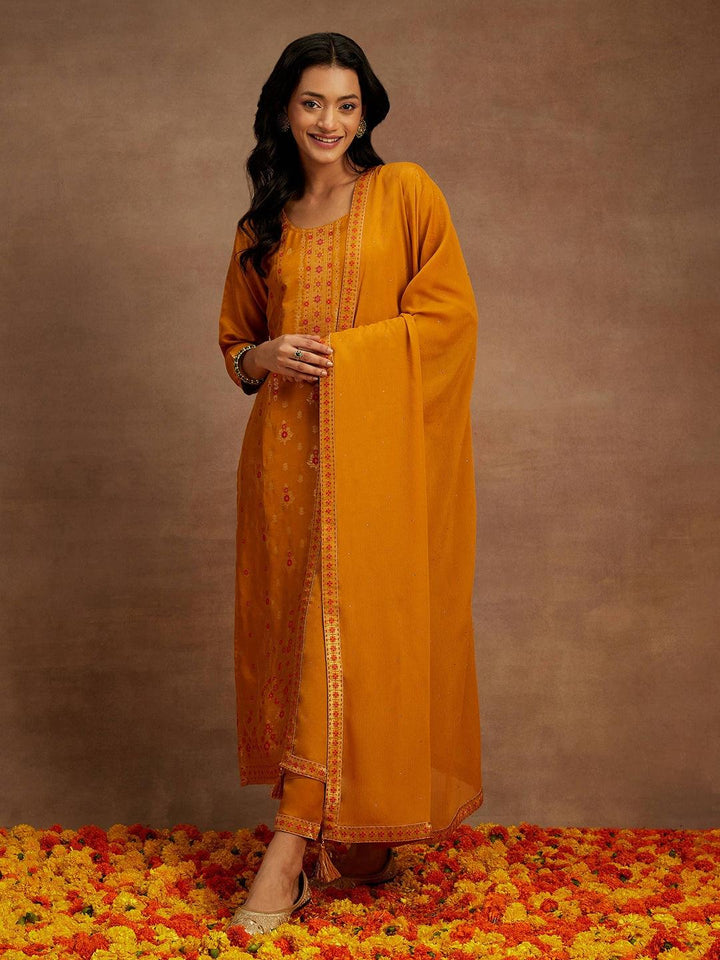 Mustard Woven Design Silk Blend Straight Kurta With Trousers & Dupatta - ShopLibas