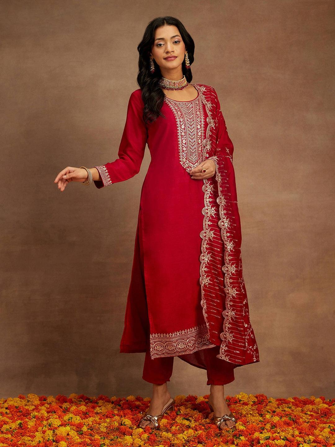 Hot Pink Yoke Design Silk Blend Straight Kurta With Trousers & Dupatta - ShopLibas