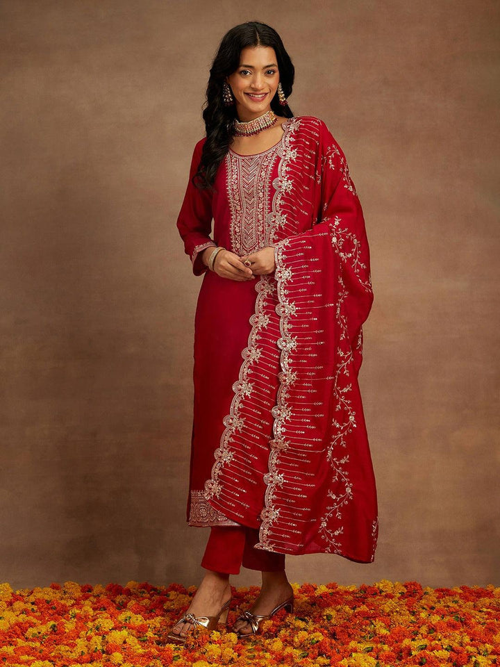 Hot Pink Yoke Design Silk Blend Straight Kurta With Trousers & Dupatta - ShopLibas