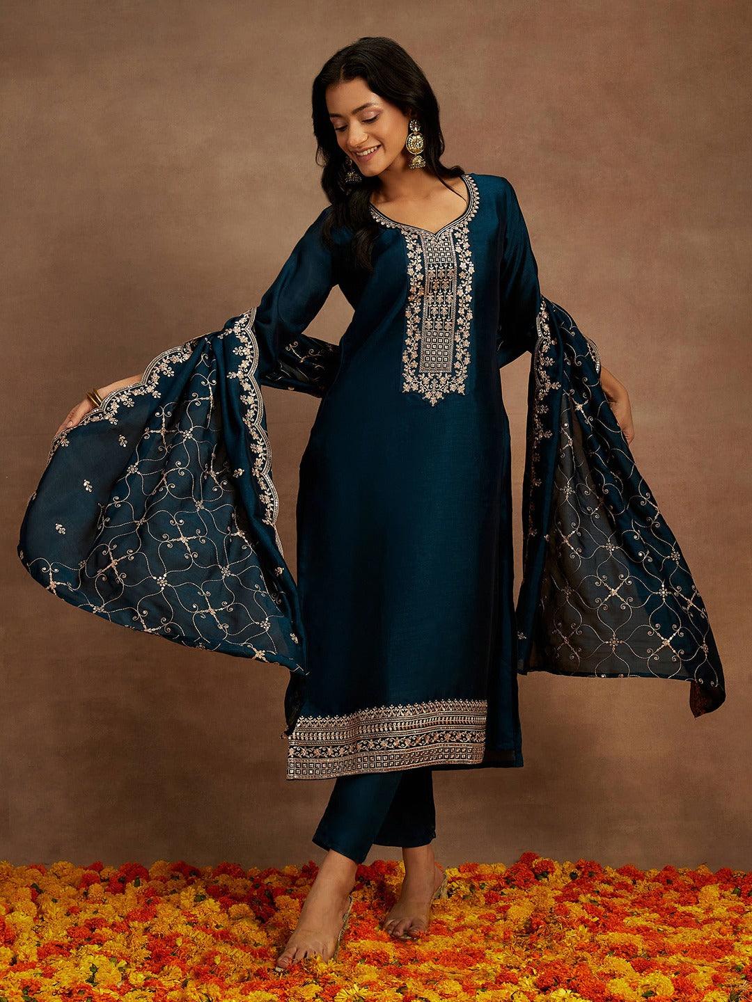 Teal Yoke Design Silk Blend Straight Kurta With Trousers & Dupatta - ShopLibas