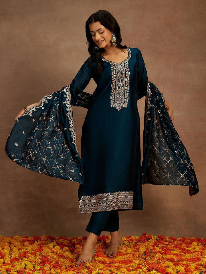 Teal Yoke Design Silk Blend Straight Kurta With Trousers & Dupatta - ShopLibas