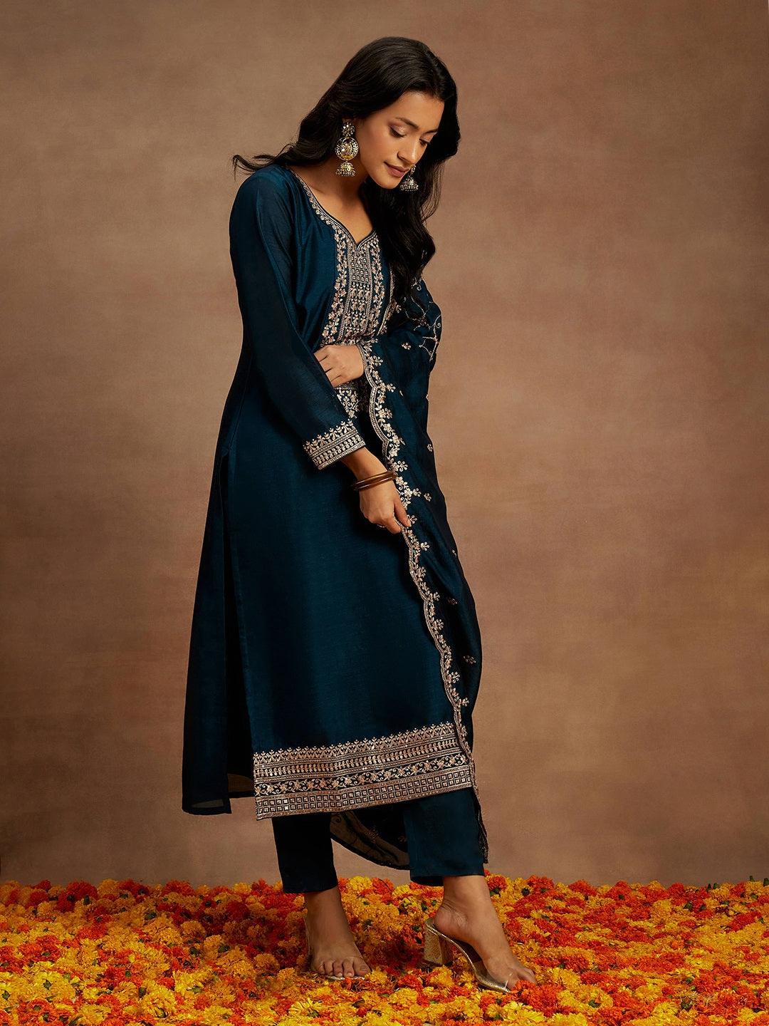 Teal Yoke Design Silk Blend Straight Suit With Dupatta