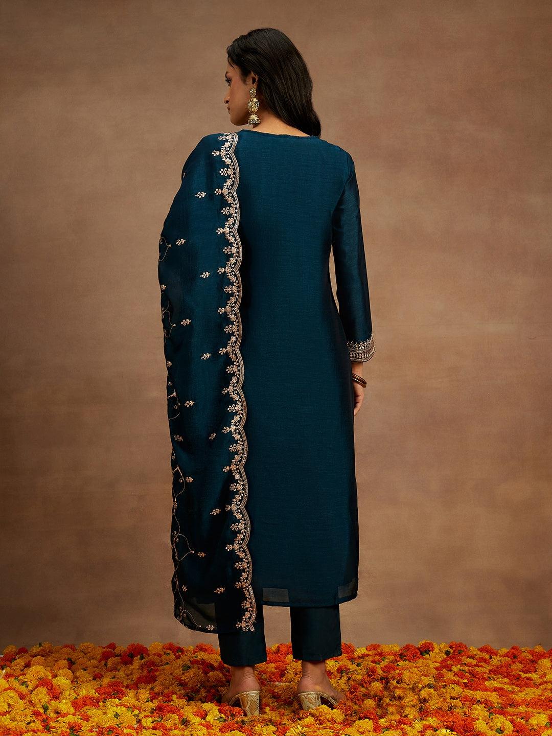 Teal Yoke Design Silk Blend Straight Suit With Dupatta