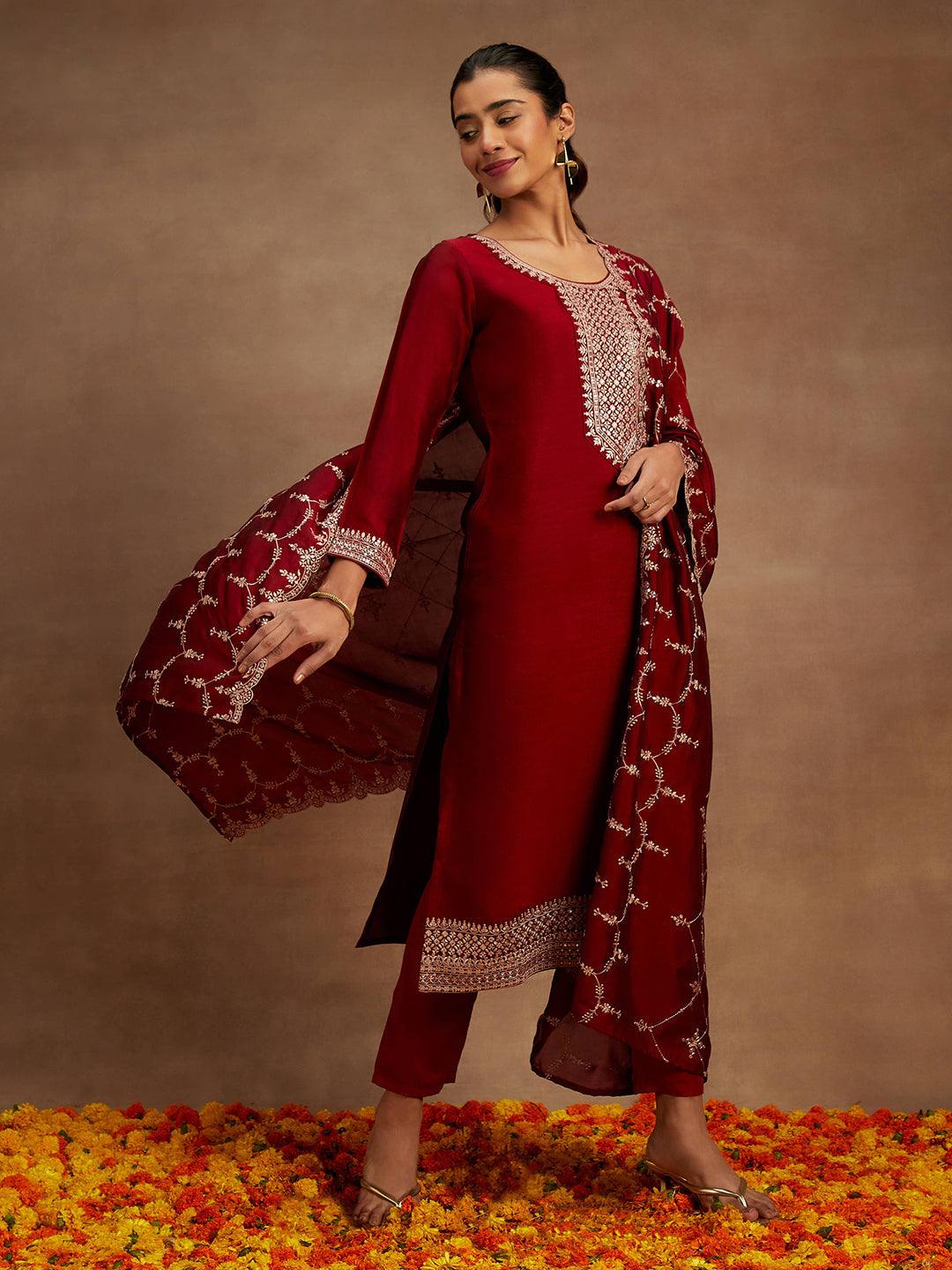 Maroon Yoke Design Silk Blend Straight Kurta With Trousers & Dupatta - ShopLibas