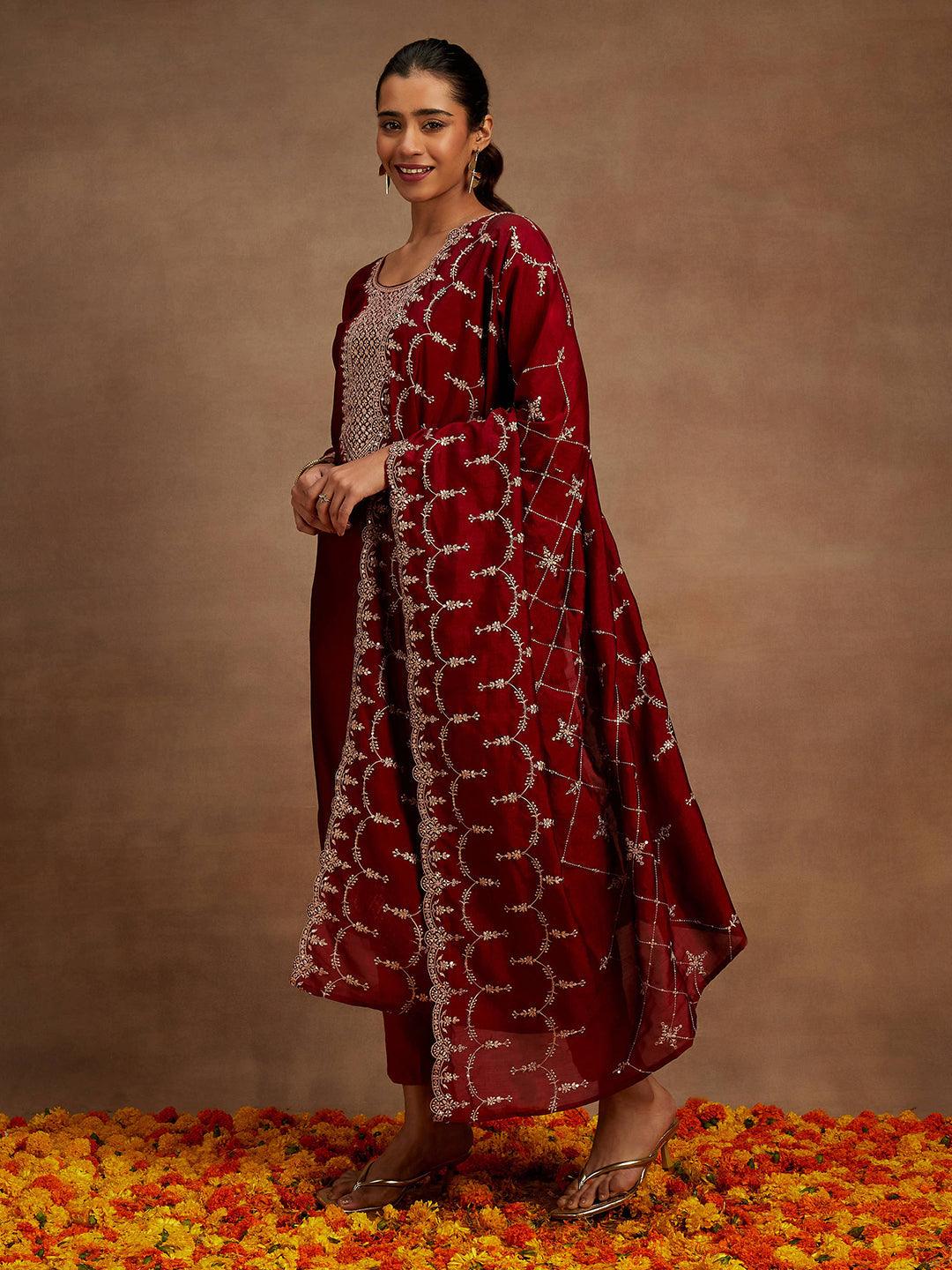 Maroon Yoke Design Silk Blend Straight Kurta With Trousers & Dupatta - ShopLibas