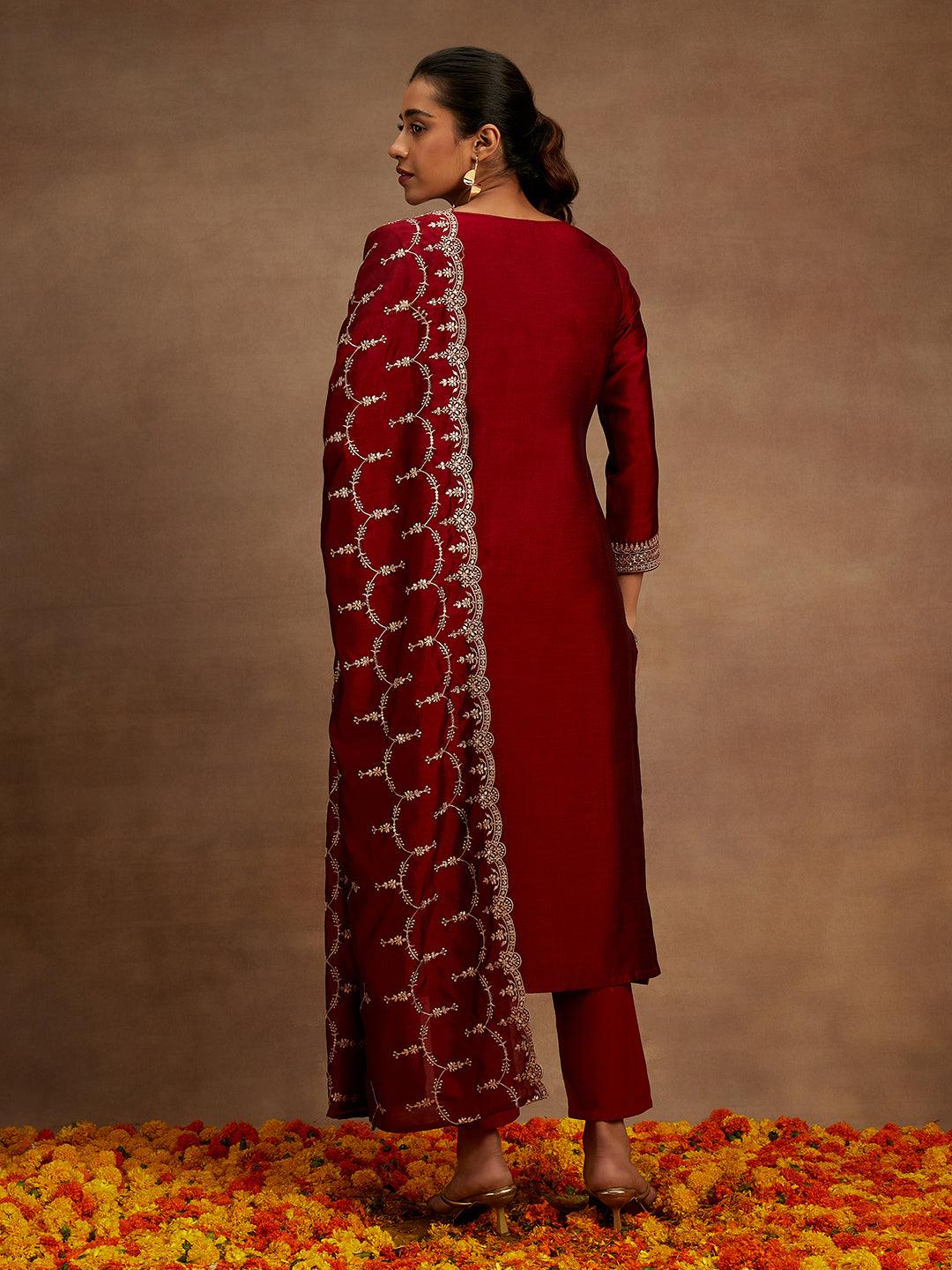 Maroon Yoke Design Silk Blend Straight Kurta With Trousers & Dupatta - ShopLibas