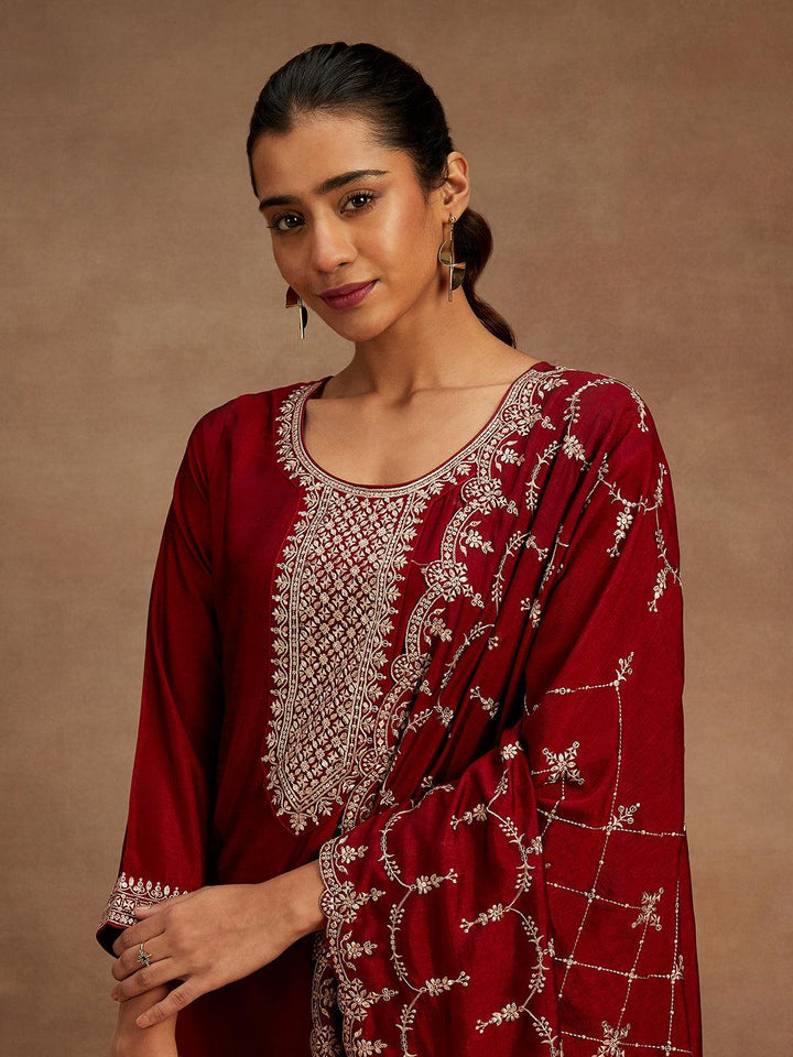 Maroon Yoke Design Silk Blend Straight Kurta With Trousers & Dupatta - ShopLibas