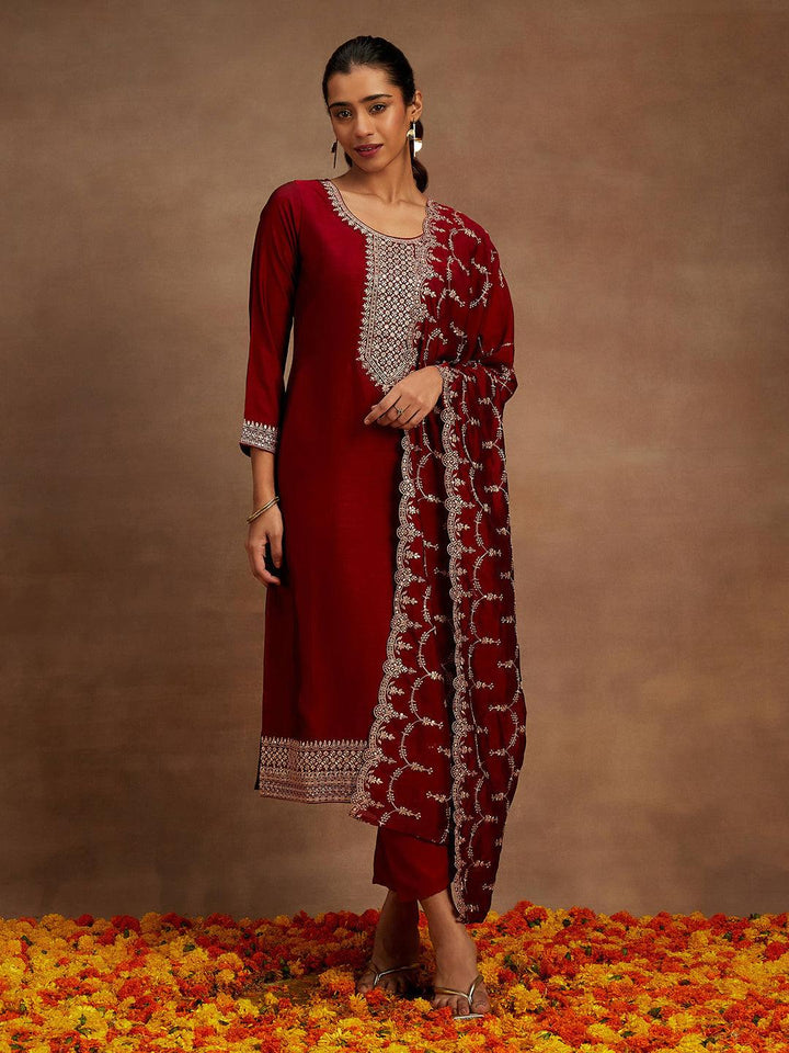 Maroon Yoke Design Silk Blend Straight Kurta With Trousers & Dupatta - ShopLibas