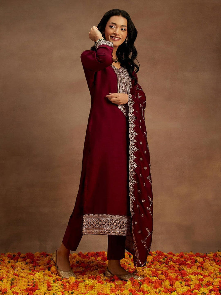 Burgundy Yoke Design Silk Blend Straight Kurta With Trousers & Dupatta - ShopLibas