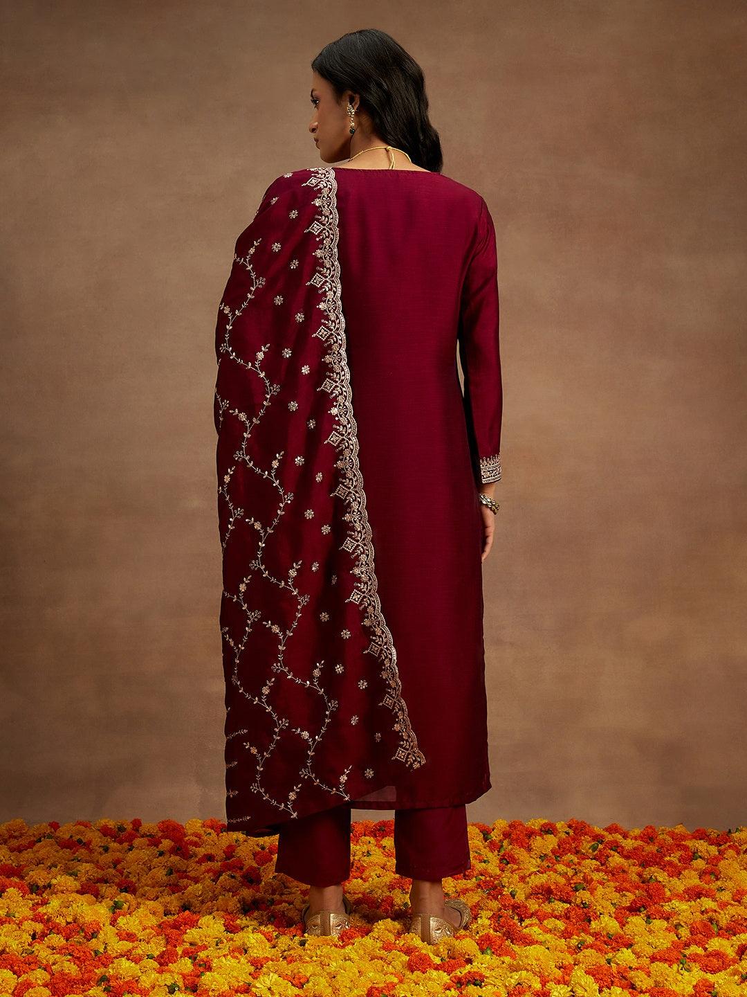 Burgundy Yoke Design Silk Blend Straight Suit With Dupatta