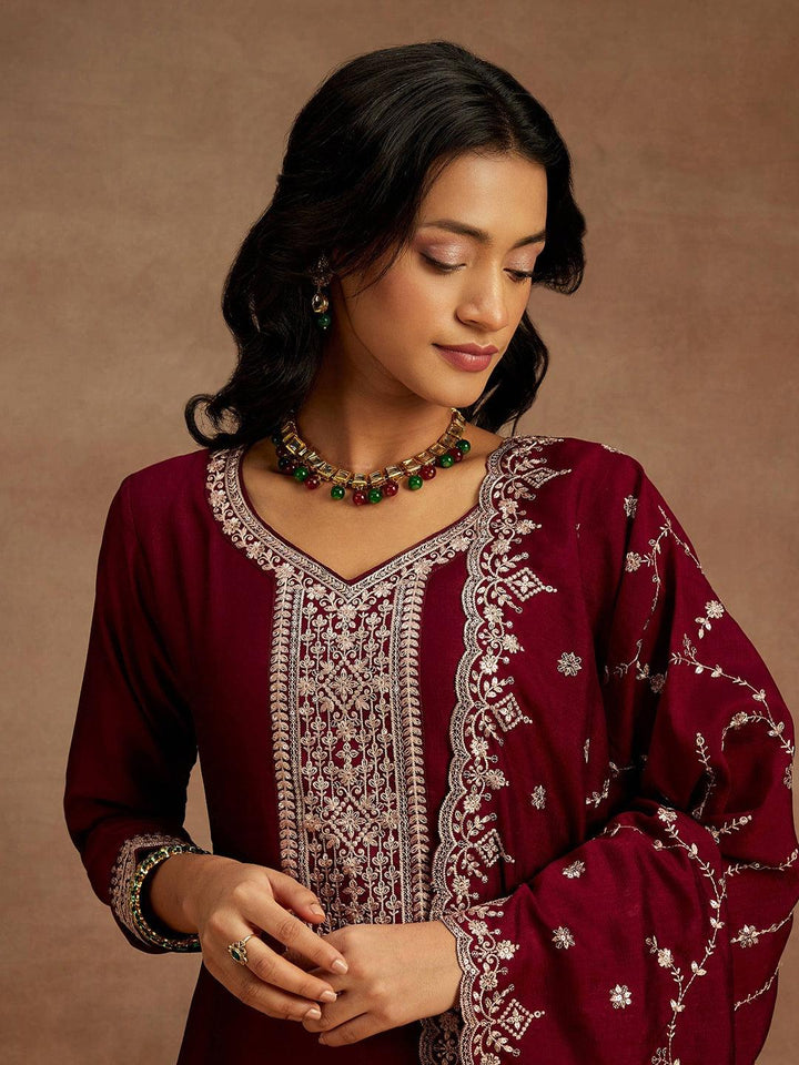 Burgundy Yoke Design Silk Blend Straight Kurta With Trousers & Dupatta - ShopLibas