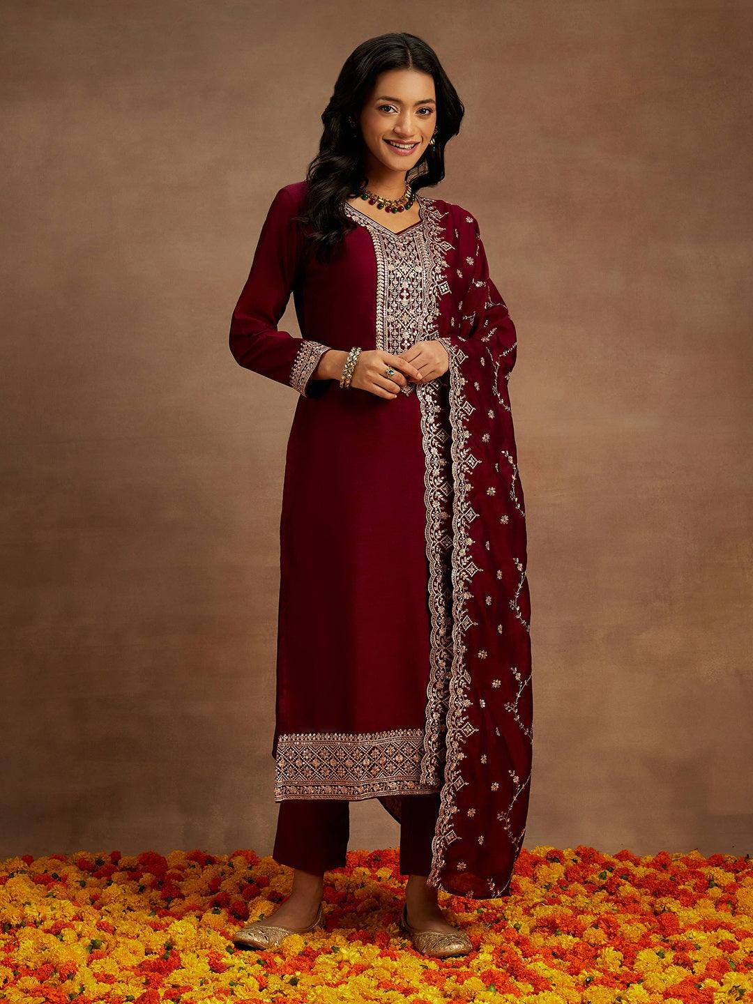 Burgundy Yoke Design Silk Blend Straight Kurta With Trousers & Dupatta - ShopLibas