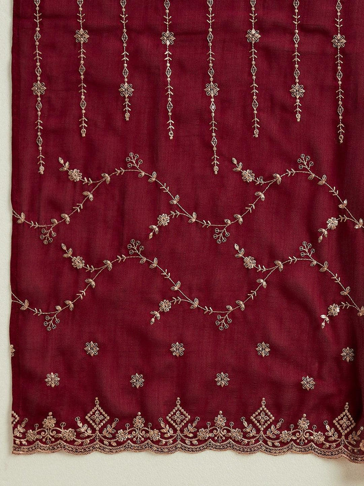 Burgundy Yoke Design Silk Blend Straight Kurta With Trousers & Dupatta - ShopLibas