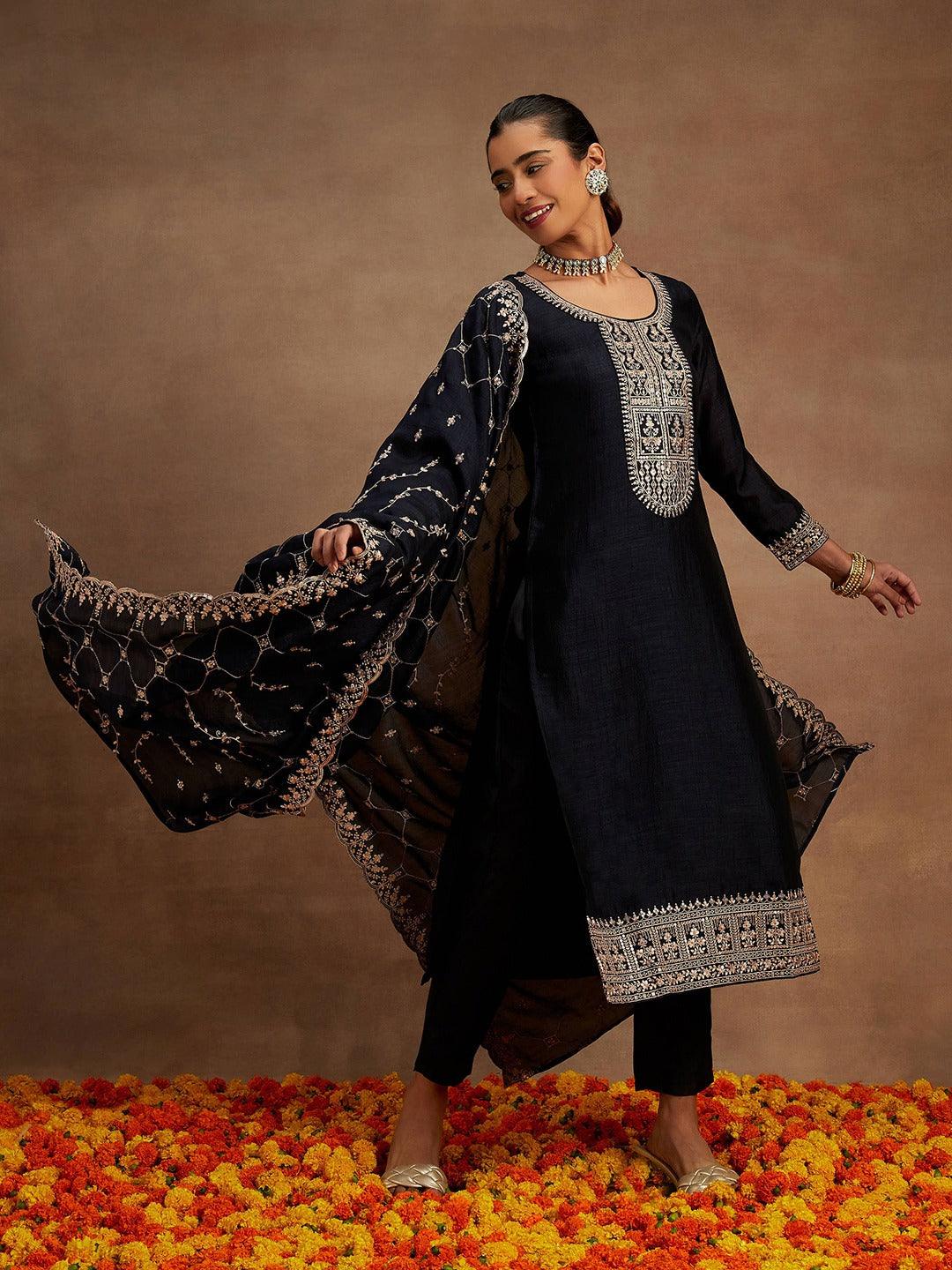 Navy Blue Yoke Design Silk Blend Straight Suit With Dupatta