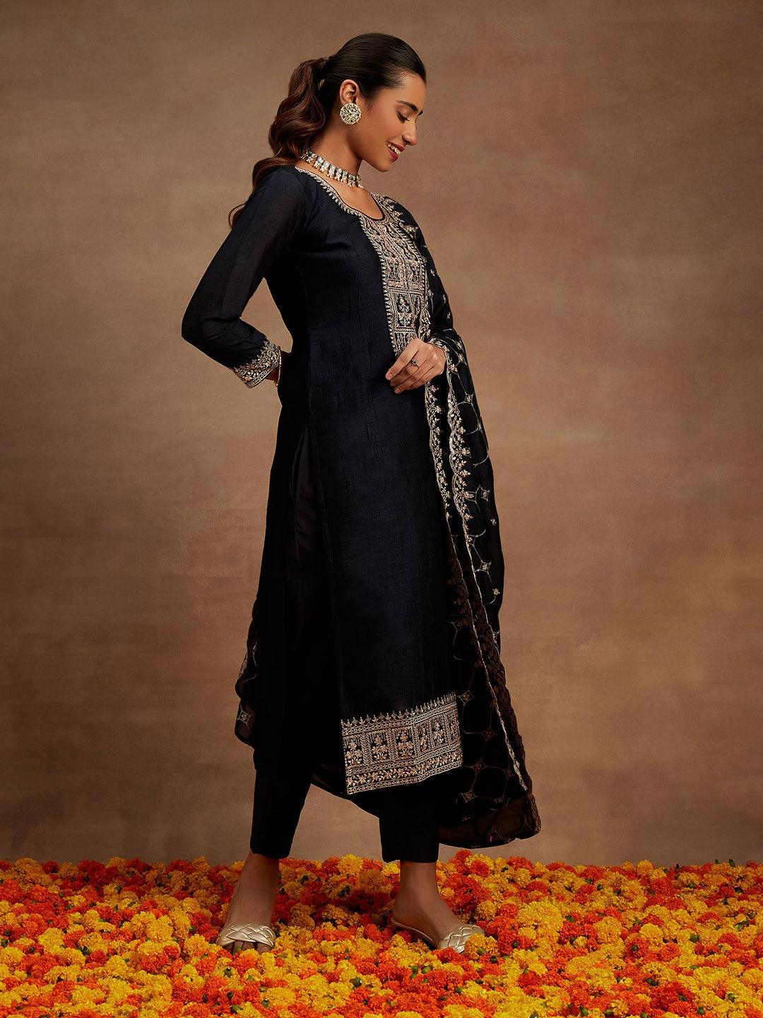 Navy Blue Yoke Design Silk Blend Straight Suit With Dupatta