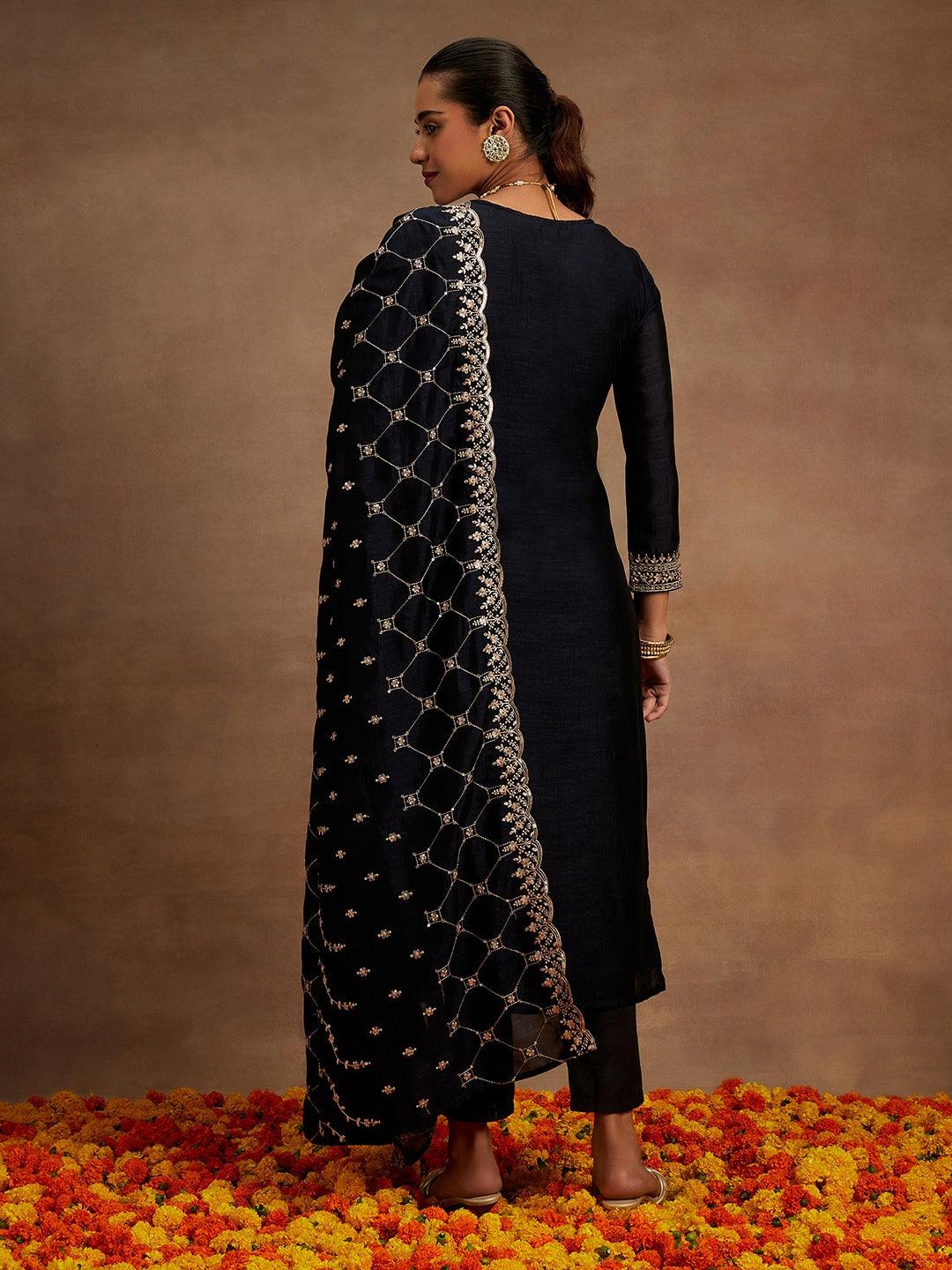 Navy Blue Yoke Design Silk Blend Straight Suit With Dupatta