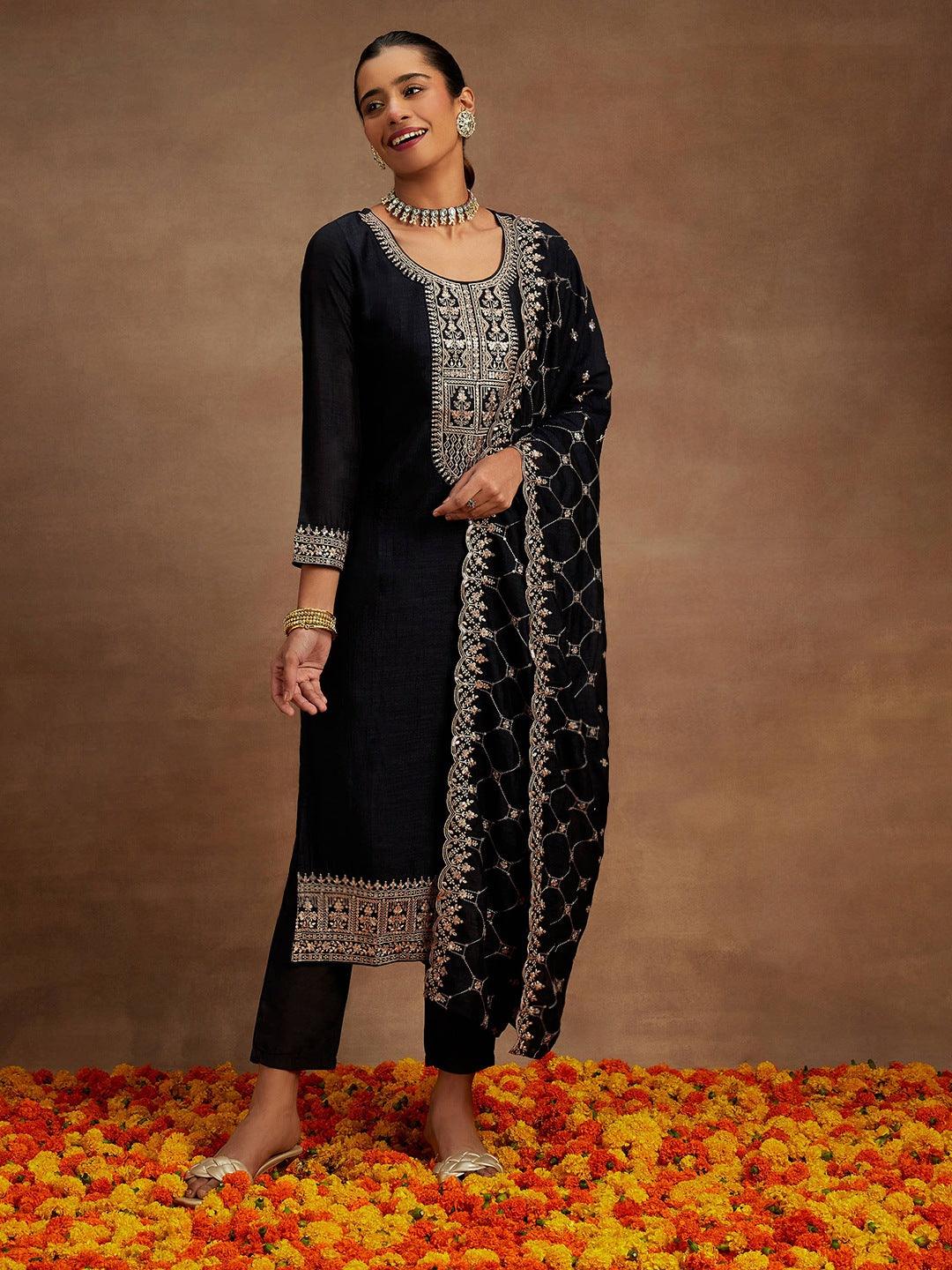 Navy Blue Yoke Design Silk Blend Straight Suit With Dupatta