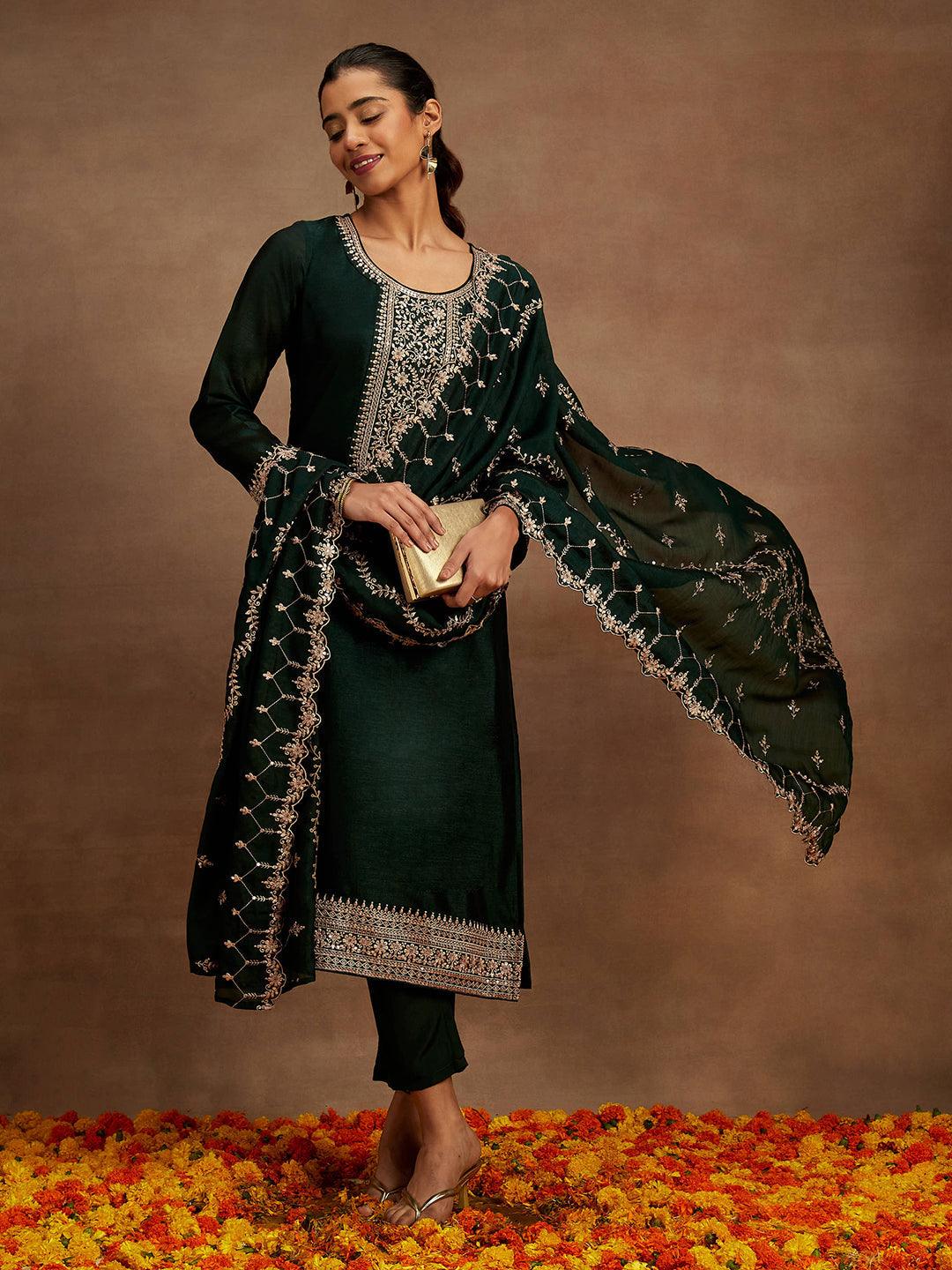 Green Yoke Design Silk Blend Straight Suit With Dupatta