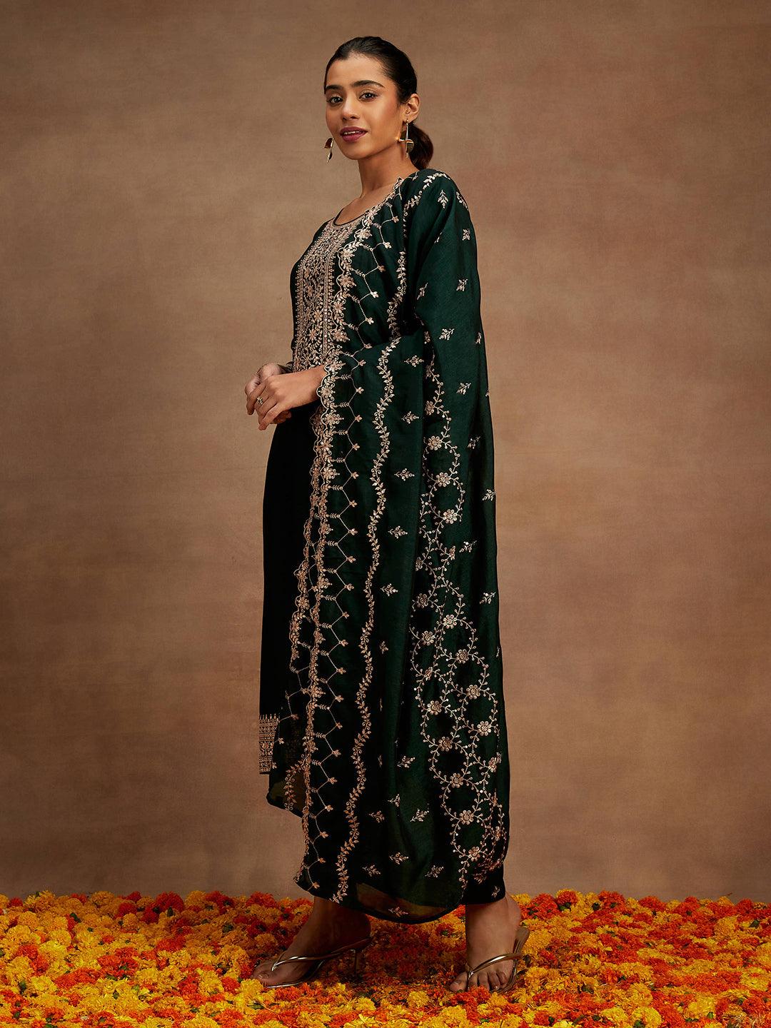 Green Yoke Design Silk Blend Straight Suit With Dupatta