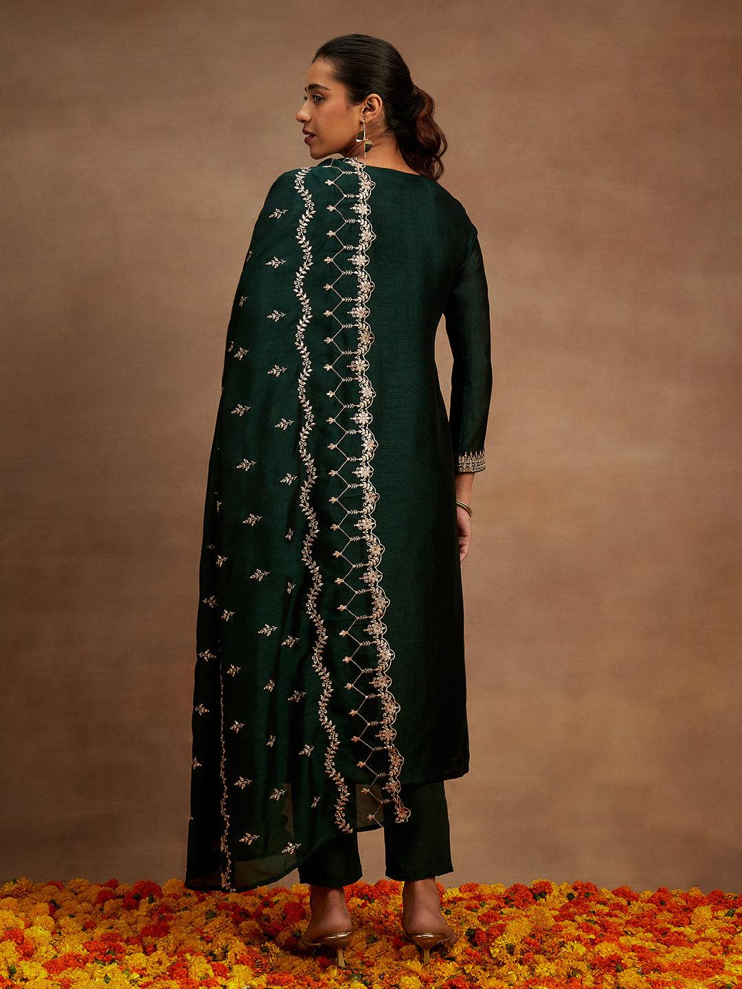 Green Yoke Design Silk Blend Straight Suit With Dupatta