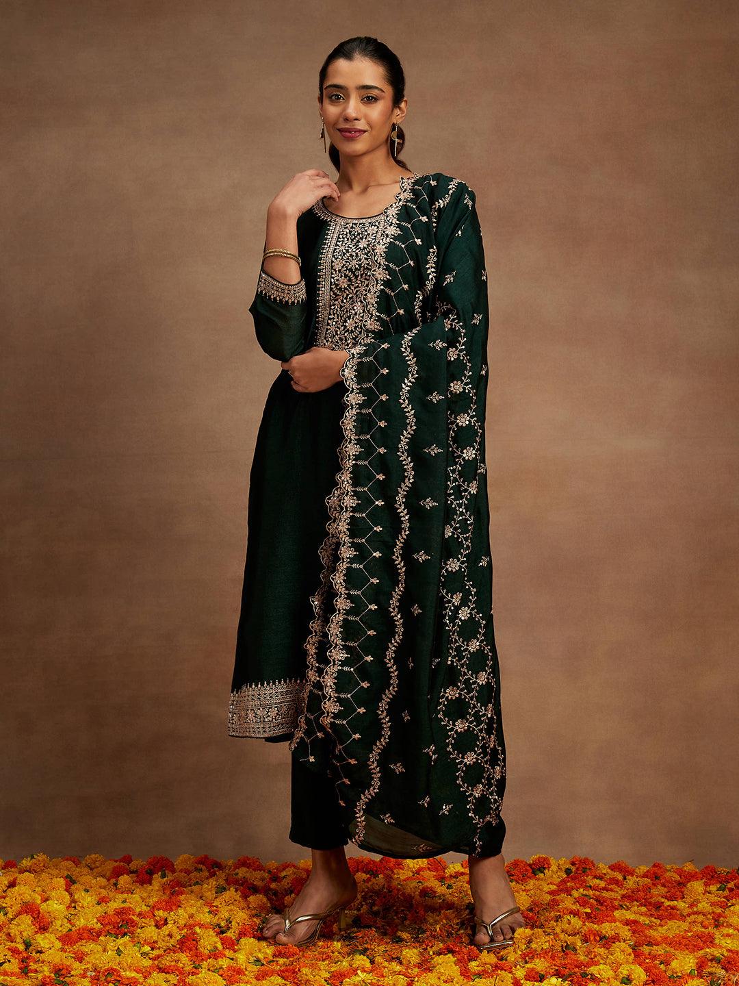 Green Yoke Design Silk Blend Straight Suit With Dupatta