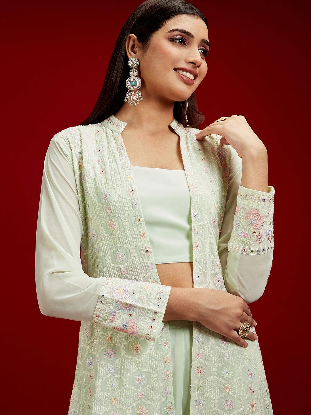 Libas Art Pista Green Embroidered Georgette Top & Palazzo With Dupatta - ShopLibas