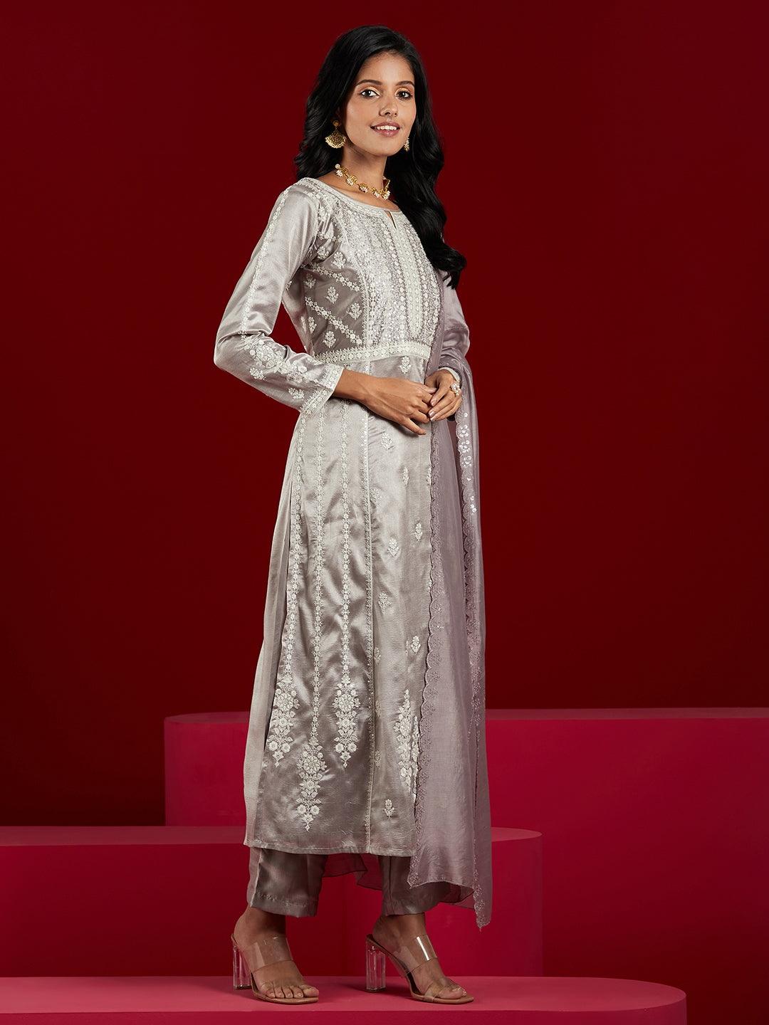 Libas Art Taupe Embroidered Silk Blend A-Line Kurta With Trousers & Dupatta