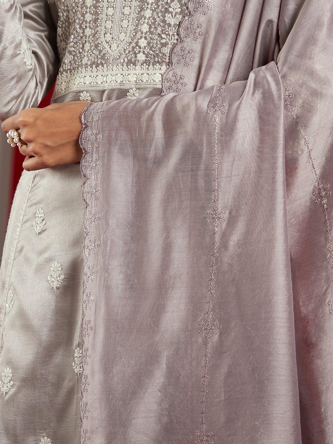 Libas Art Taupe Embroidered Silk Blend A-Line Kurta With Trousers & Dupatta