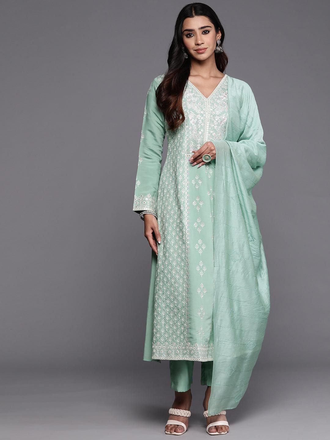 Libas Art Sea Green Embroidered Silk Blend A-Line Kurta With Trousers & Dupatta