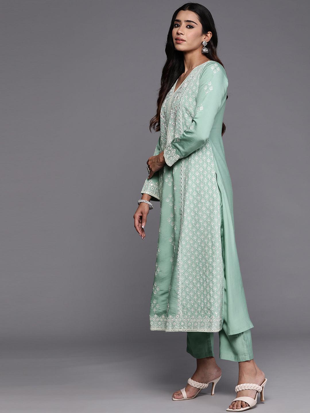 Libas Art Sea Green Embroidered Silk Blend A-Line Kurta With Trousers & Dupatta