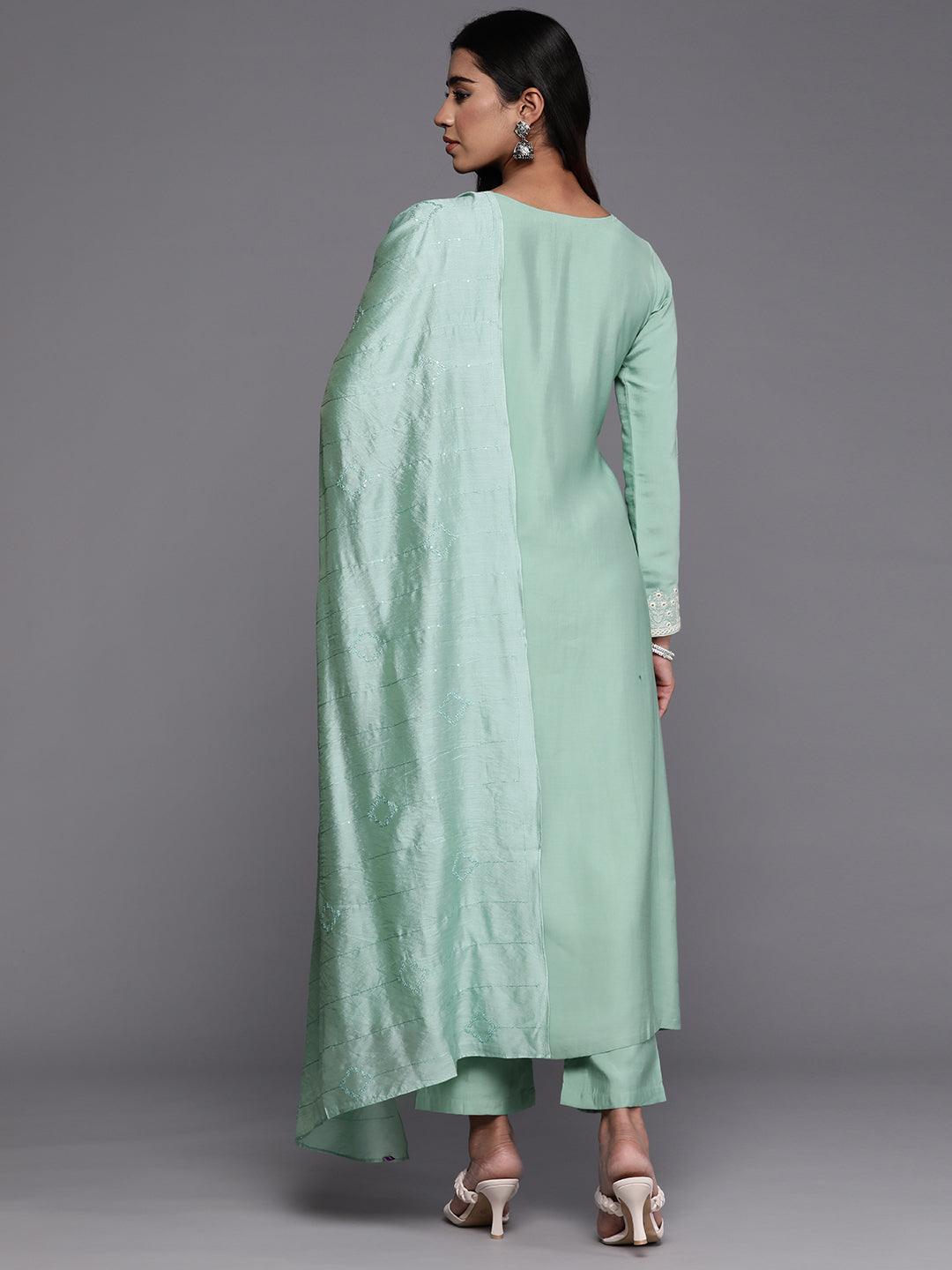 Libas Art Sea Green Embroidered Silk Blend A-Line Kurta With Trousers & Dupatta