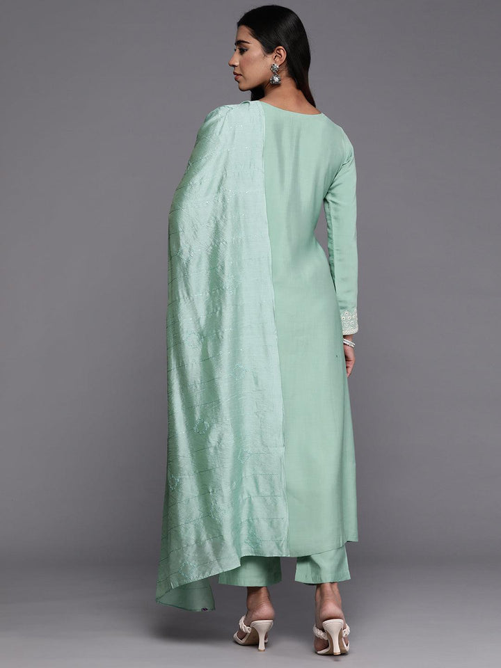 Libas Art Sea Green Embroidered Silk Blend A-Line Kurta With Trousers & Dupatta - ShopLibas