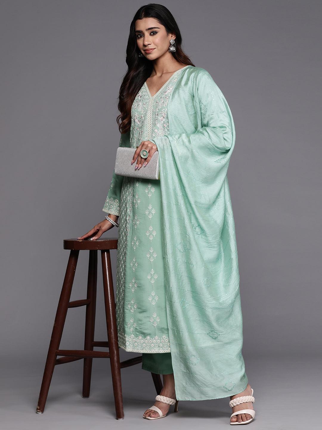 Libas Art Sea Green Embroidered Silk Blend A-Line Kurta With Trousers & Dupatta