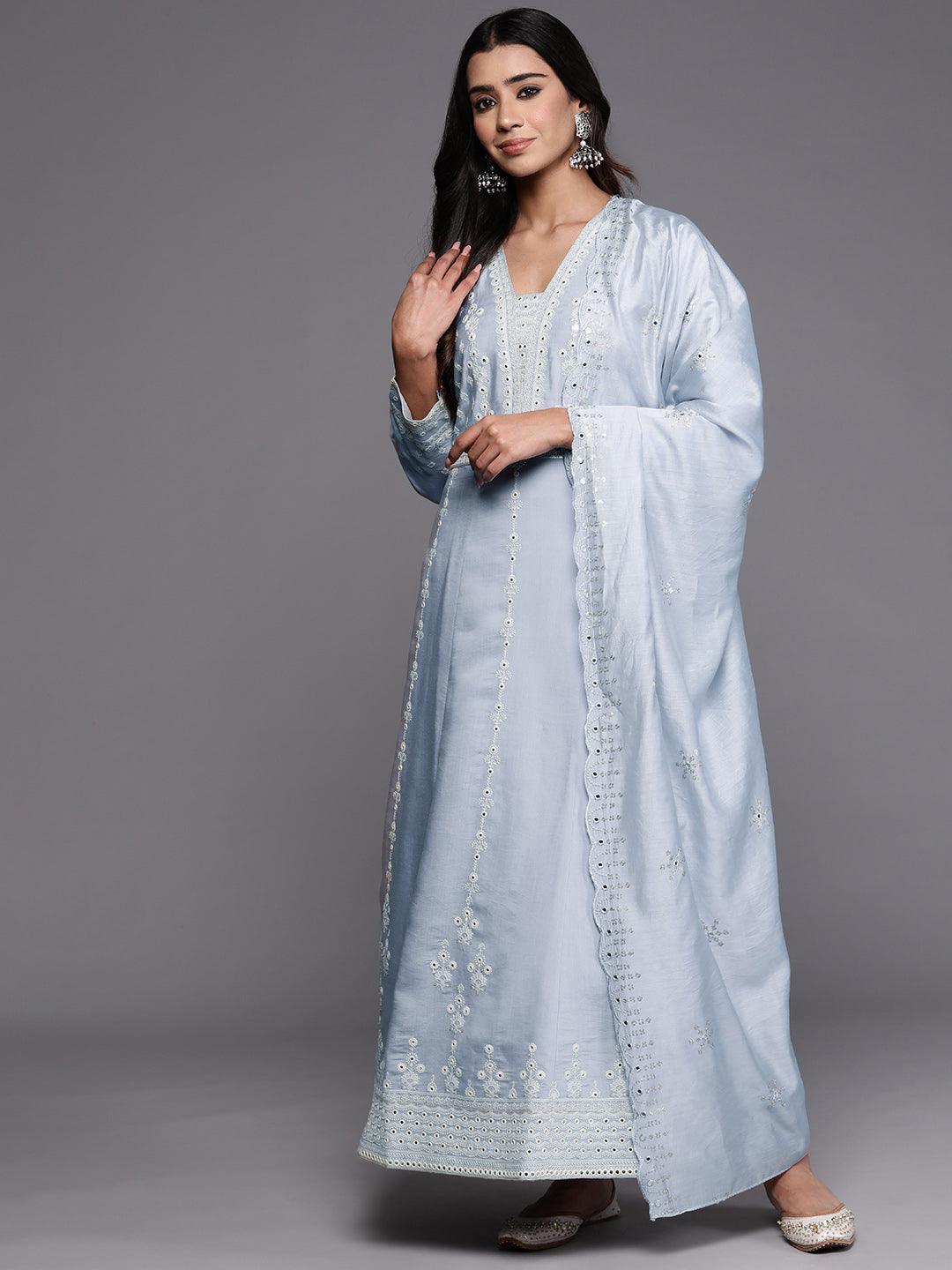 Libas Art Powder Blue Embroidered Silk Blend A-Line Kurta With Trousers & Dupatta