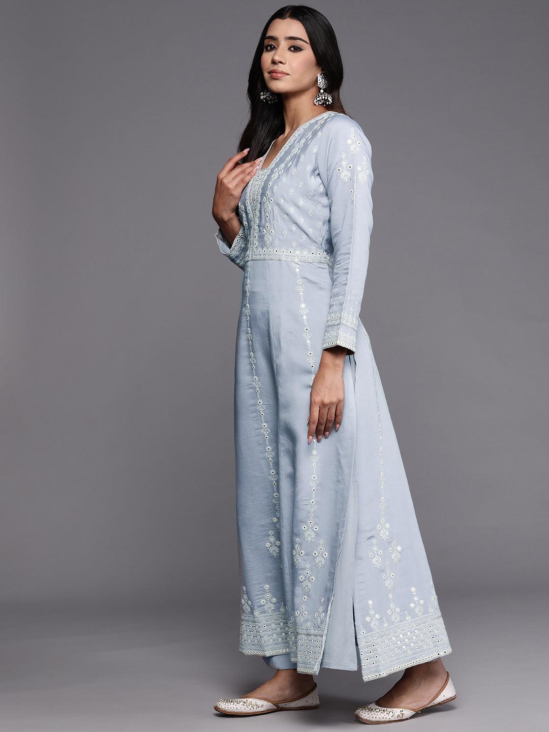 Libas Art Powder Blue Embroidered Silk Blend A-Line Kurta With Trousers & Dupatta