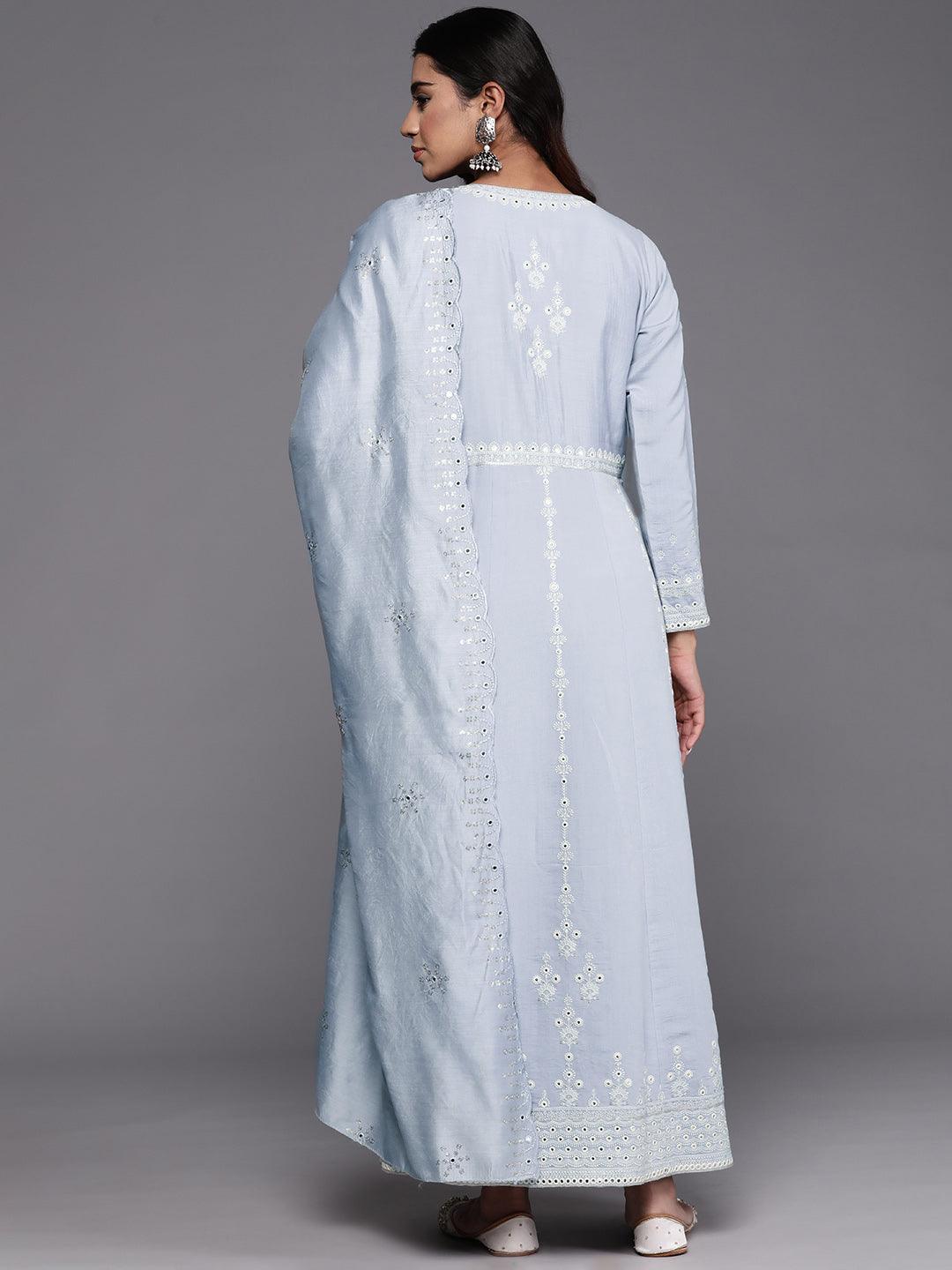 Libas Art Powder Blue Embroidered Silk Blend A-Line Kurta With Trousers & Dupatta