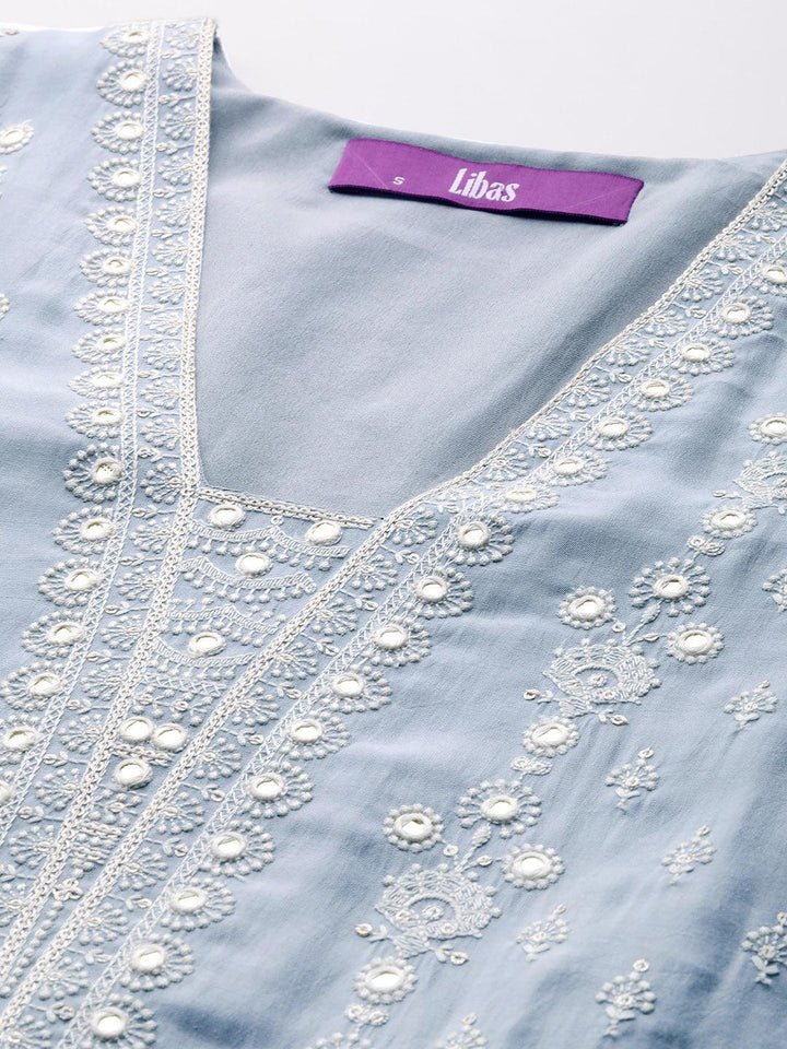 Libas Art Powder Blue Embroidered Silk Blend A-Line Kurta With Trousers & Dupatta - ShopLibas