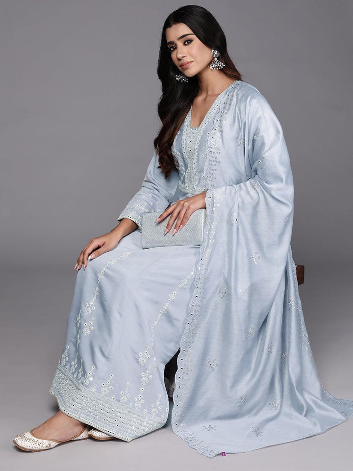 Libas Art Powder Blue Embroidered Silk Blend A-Line Kurta With Trousers & Dupatta - ShopLibas