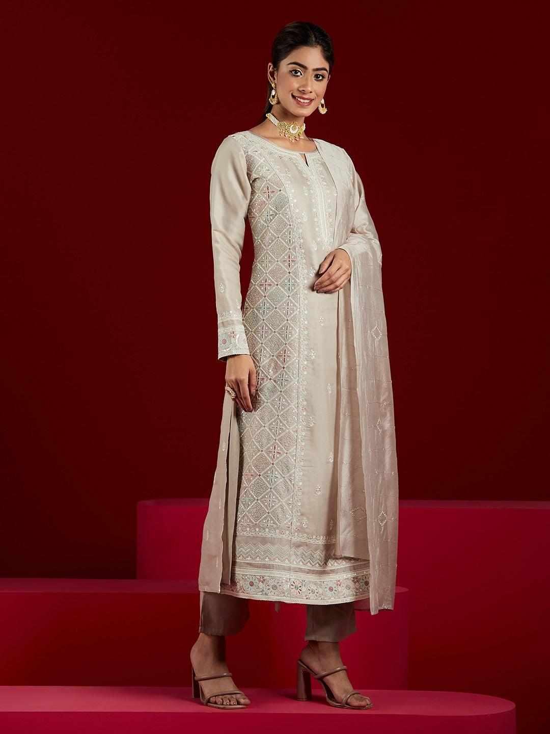 Libas Art Taupe Embroidered Silk Blend A-Line Kurta With Trousers & Dupatta